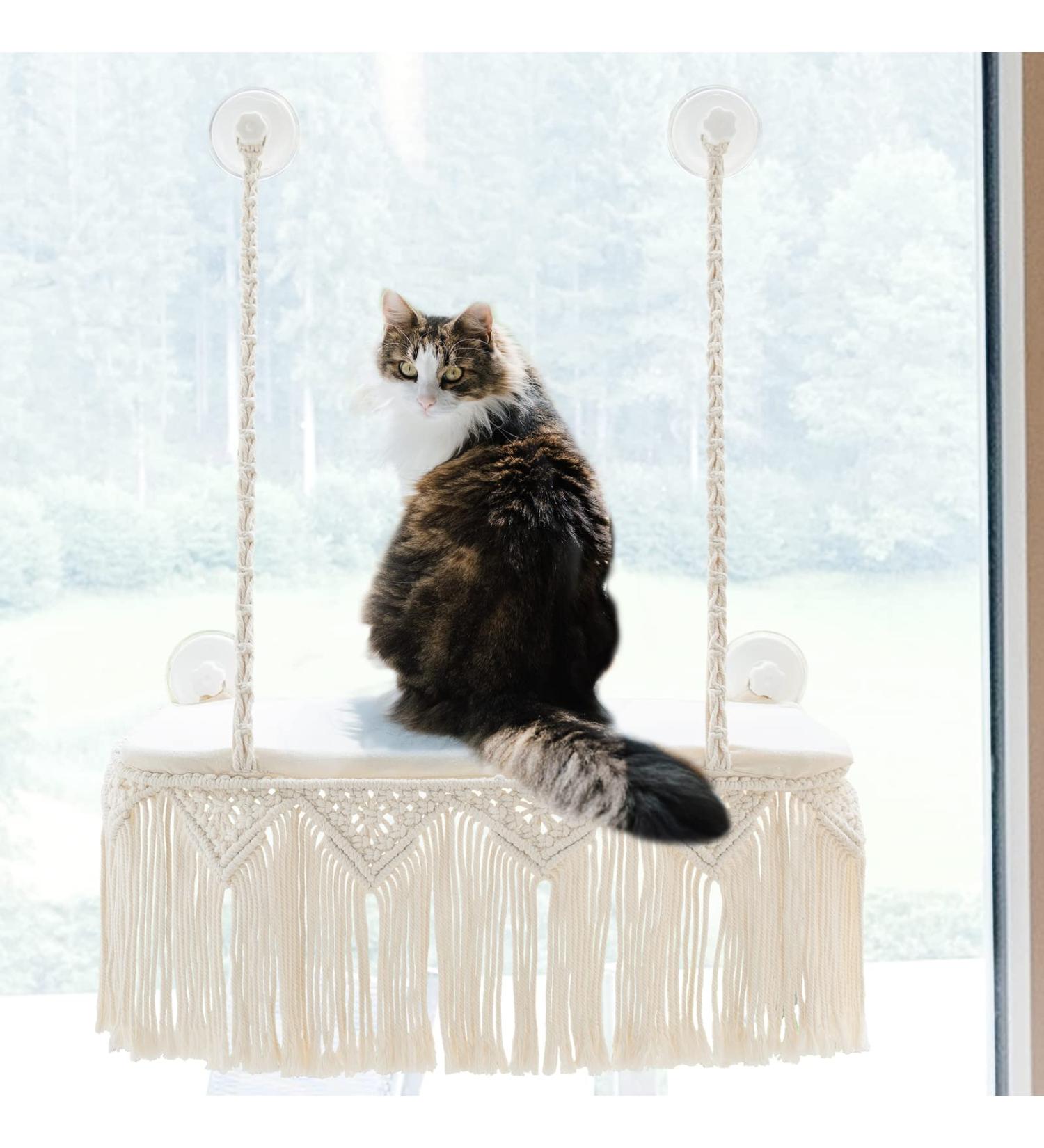Dahey Macrame Cat Window Perch - Boho Cat Hammock Bed for Indoor Cats - Wall Mounted Pet Resting Seat with Tassel - Safety Space Saving Kitty Swing Shelf - Holds up to 45 lbs - Gift - Buy Online on SooperMarket.com