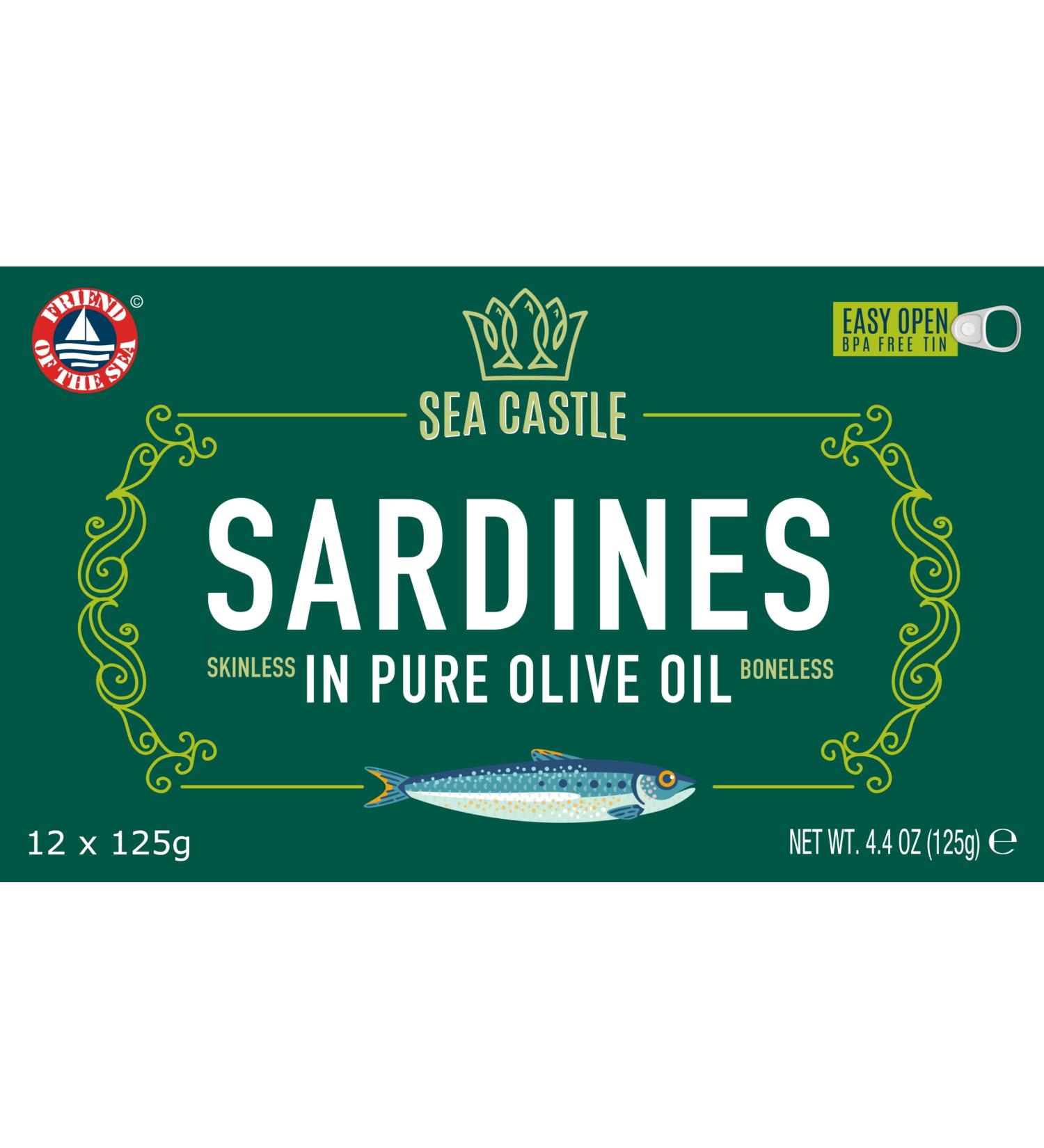 Sea Castle Skinless & Boneless Sardines in Pure Olive Oil 125g (Case of 12) | Rich in Omega 3 Easy Open BPA Free Tin Kosher - Buy Online on SooperMarket.com