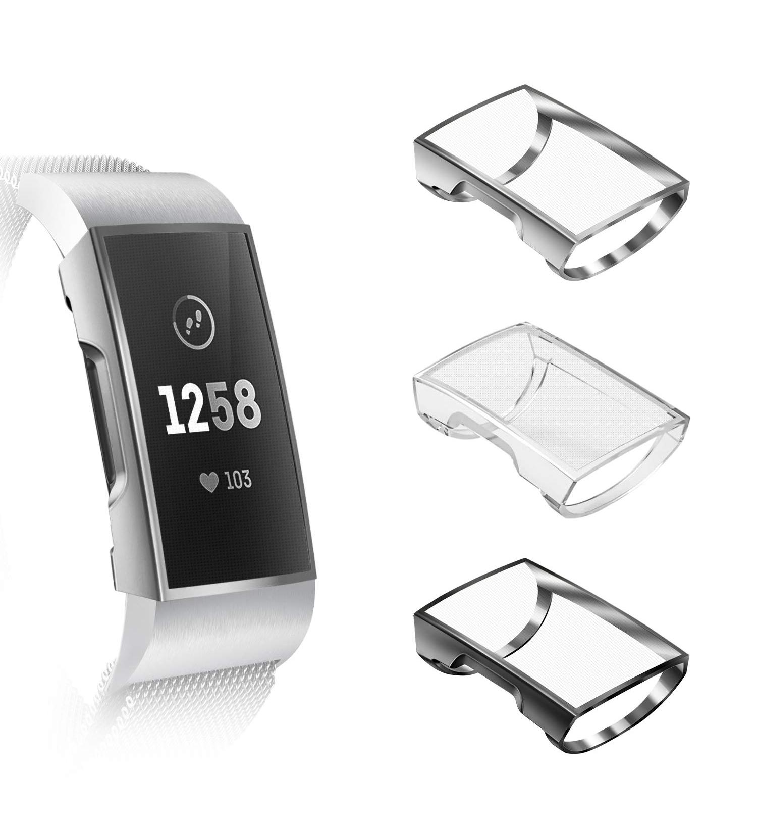 Fintie 3 Pack Screen Protector & Case for Fitbit Charge 3 - Full Protective Bumper Shell in Black, Clear, Silver - Buy Online on SooperMarket.com