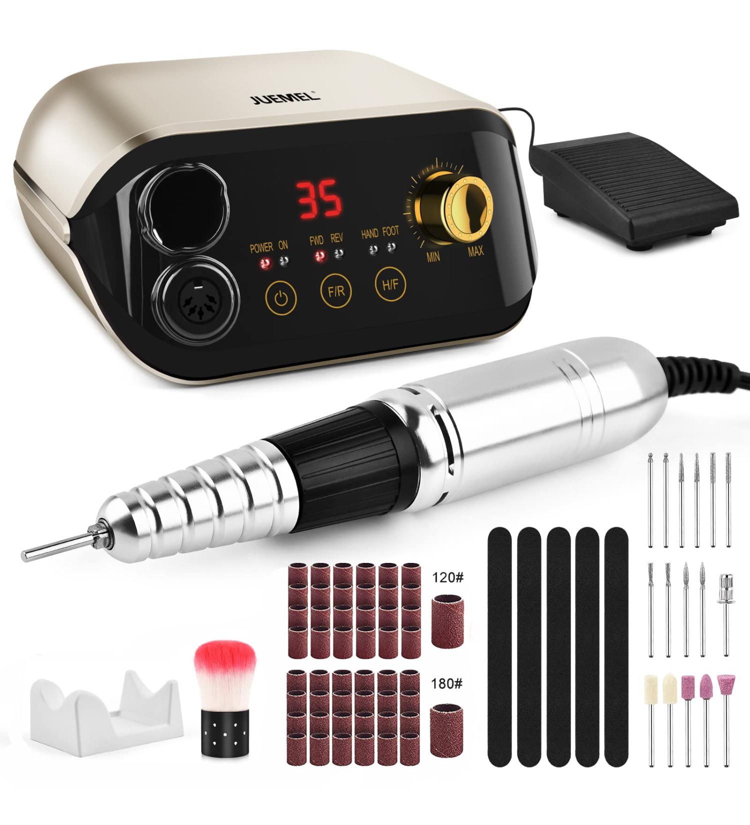 JUEMEL Professional Nail Drill Machine 35000rpm with Foot Pedal, Forward/Reverse Rotation, 125pcs Nail Drill Bits - Electric File for Gel Nails, Acrylic Manicure Pedicure Tool Kit, High-Speed Polishing & Shaping - Wall Plug Included - Buy Online on SooperMarket.com