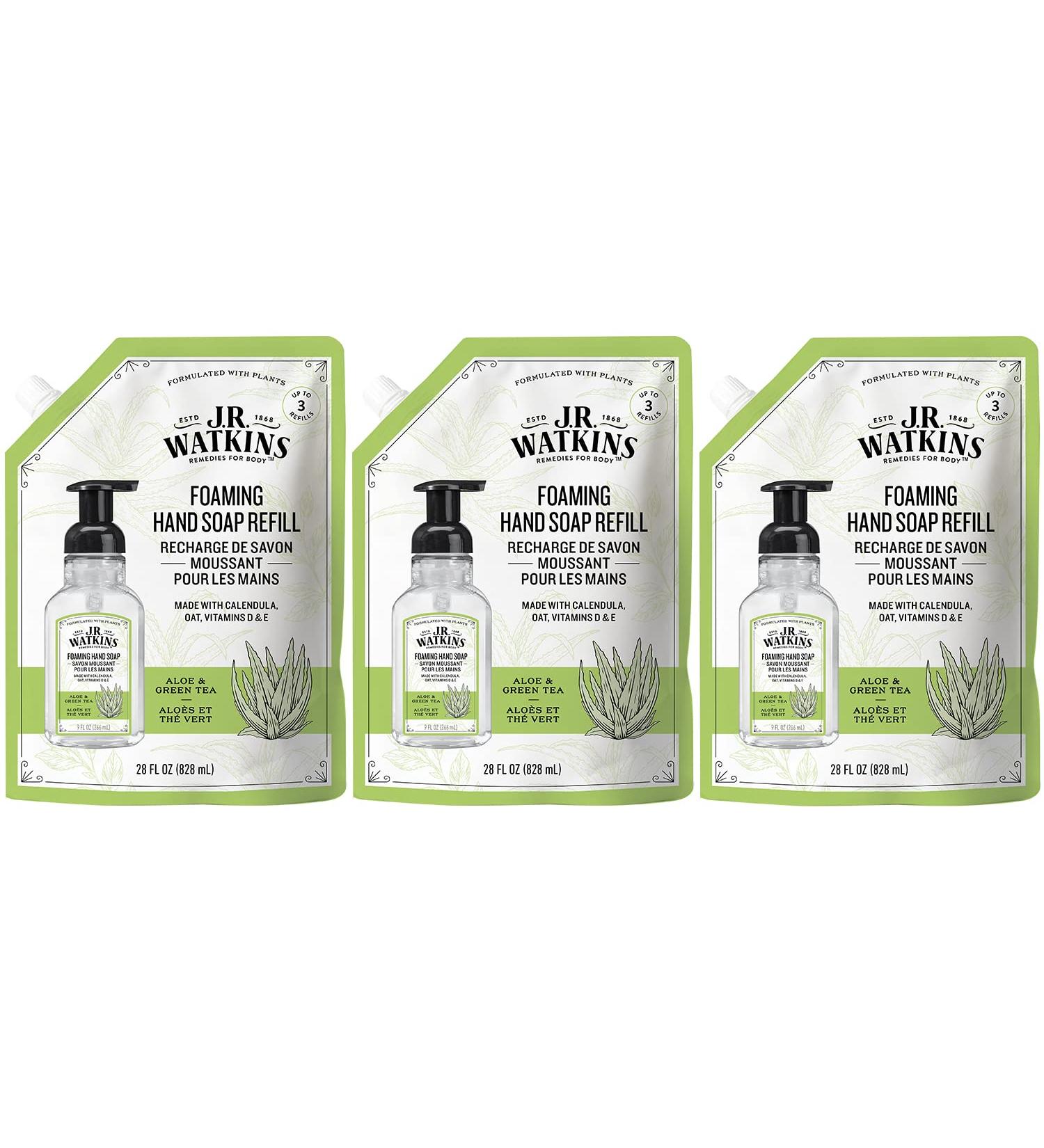 J.R. Watkins Aloe & Green Tea Foaming Hand Soap Refill - 28 fl oz (Pack of 3) | All Natural, Moisturizing, Alcohol-Free, Cruelty-Free, USA Made - Buy Online on SooperMarket.com