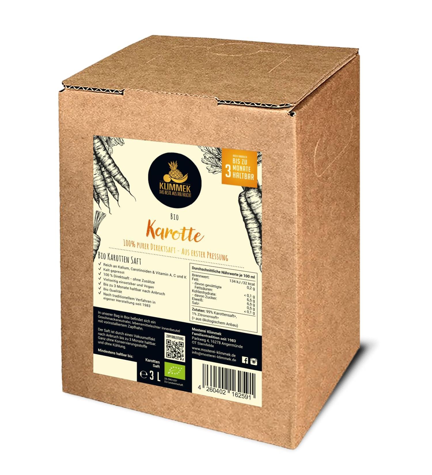 Klimmek Premium Carrot Juice 100% ORGANIC Direct Juice without Sugar 3 L Bag in Box