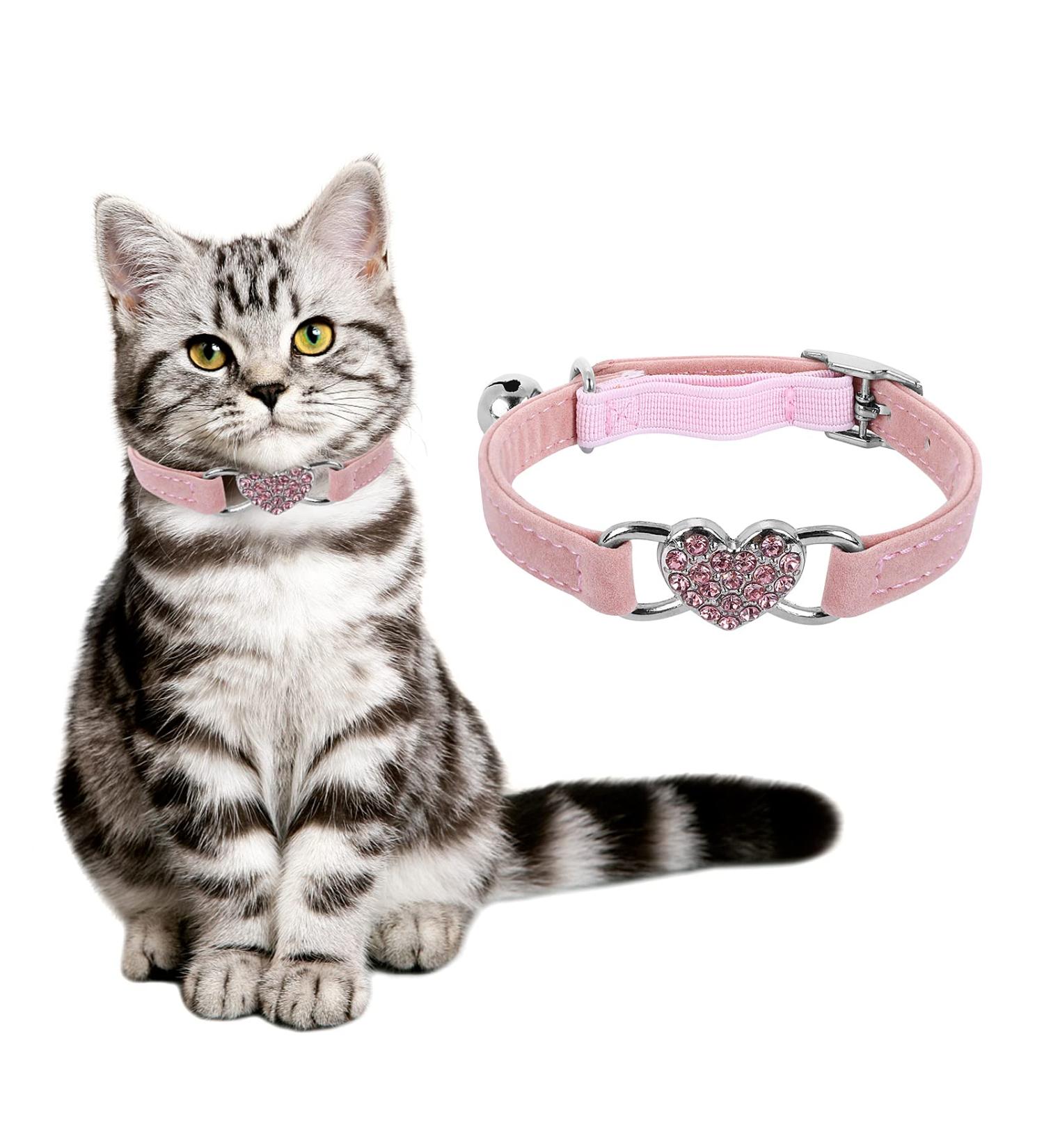 Shop Cobee Bling Heart Cat Neck Band with Bell - Adjustable Rhinestone Collar for Small Cats & Dogs - Pink - Buy Online on SooperMarket.com