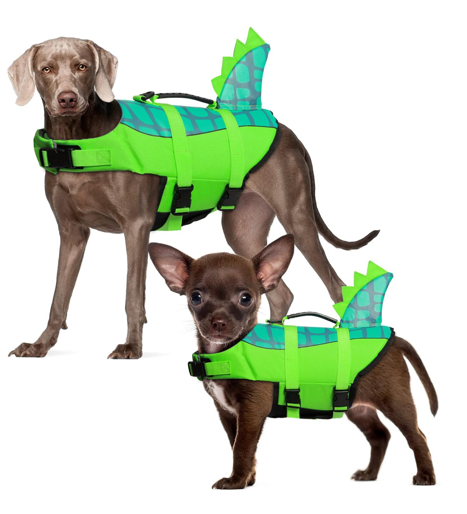 Durable Adjustable Dog Life Jacket | Ripstop Pet Safety Vest with Rescue Handle | Enhanced Buoyancy for Anxiety-Free Swimming | Small Medium Large Dogs | Green Dinosaur Design - Buy Online on SooperMarket.com