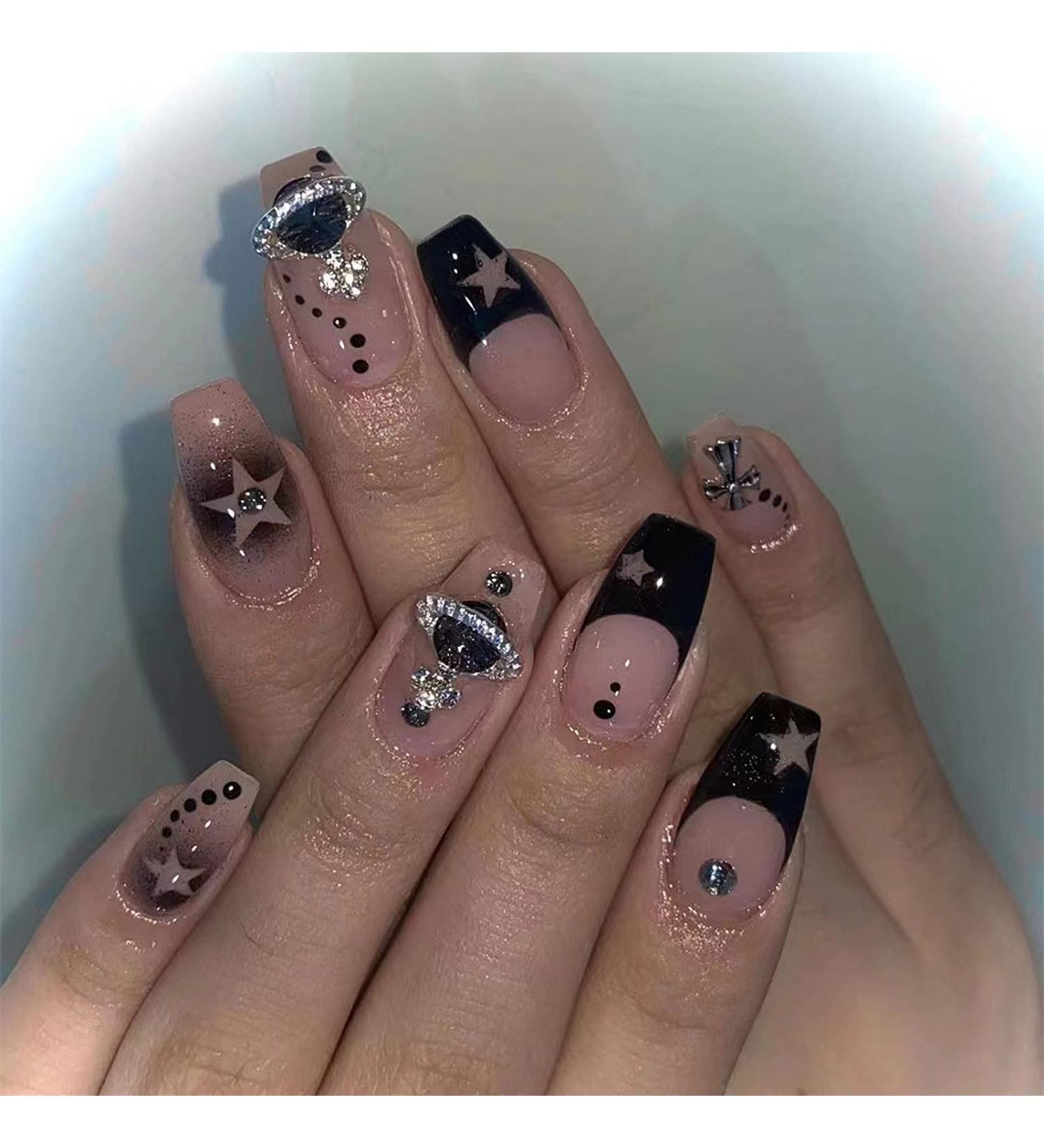 MISUD Coffin Press on Nails - Medium Ballerina Fake Nails with Black French Tip & 3D Rhinestone Star - 24 pcs - Buy Online on SooperMarket.com