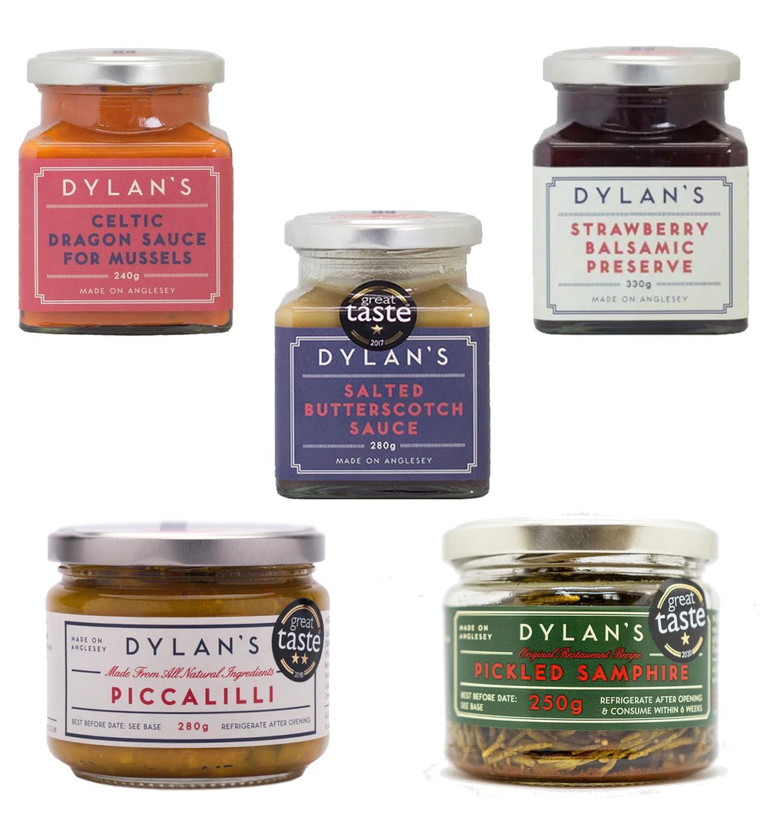 Dylan's Sauce Jar Pick N Mix - Choose From 5 Flavours | Celtic Dragon Piccalilli Pickled Samphire Strawberry Balsamic Preserve Salted Butterscotch-Sauce - Pack of 5 - Buy Online on SooperMarket.com