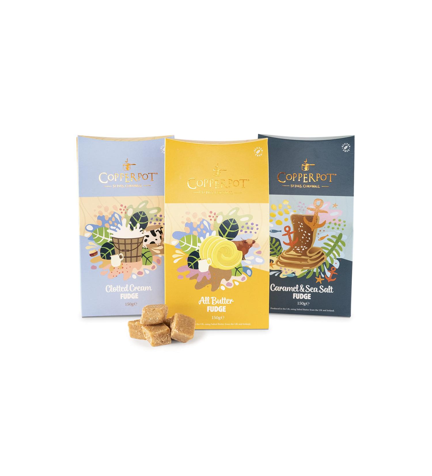 Copperpot Cornish Fudge Gift Box - Butter Fudge Salted Caramel & Clotted Cream | Gluten-Free & Vegetarian | 3 x 150g | International Shipping - Buy Online on SooperMarket.com
