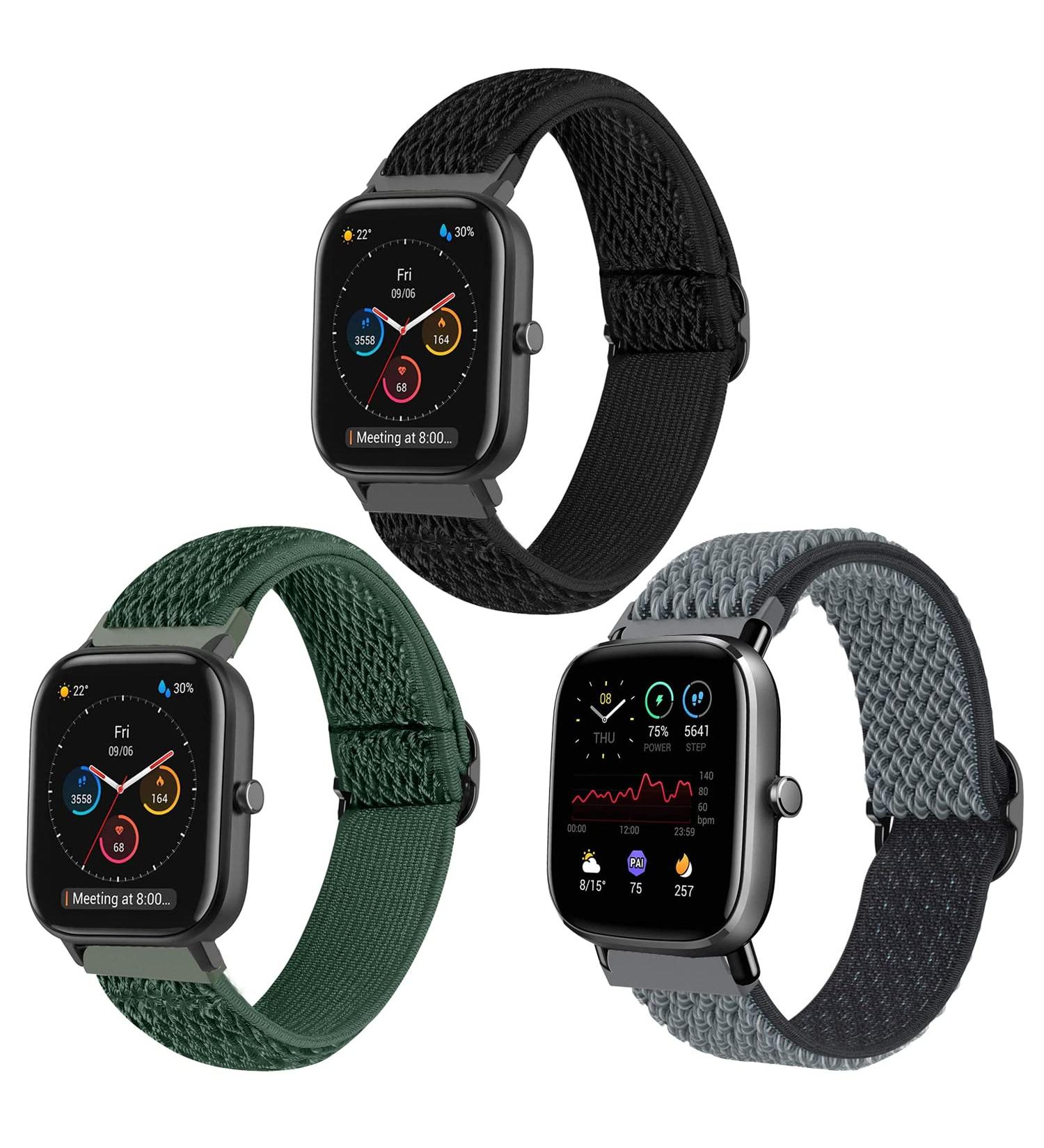 Krudary 3 Pack Adjustable Elastic Band for Amazfit GTS/Bip/Bip S - Soft Stretch Nylon Loop Bracelet Strap Replacement in Black, Green, Grey - Buy Online on SooperMarket.com