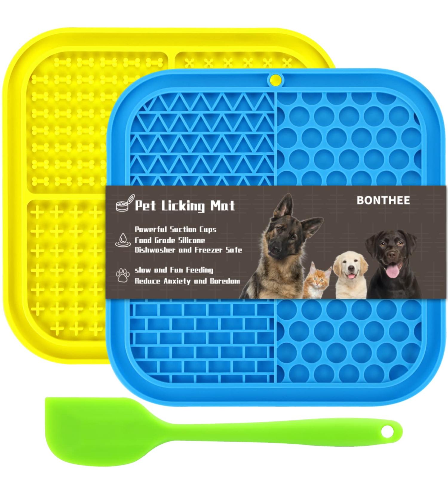 2 Pcs Dog Lick Mat Set with Suction Cups | Slow Feeder Silicone Pad for Dogs and Cats with Spatula - Yellow & Blue - Buy Online on SooperMarket.com