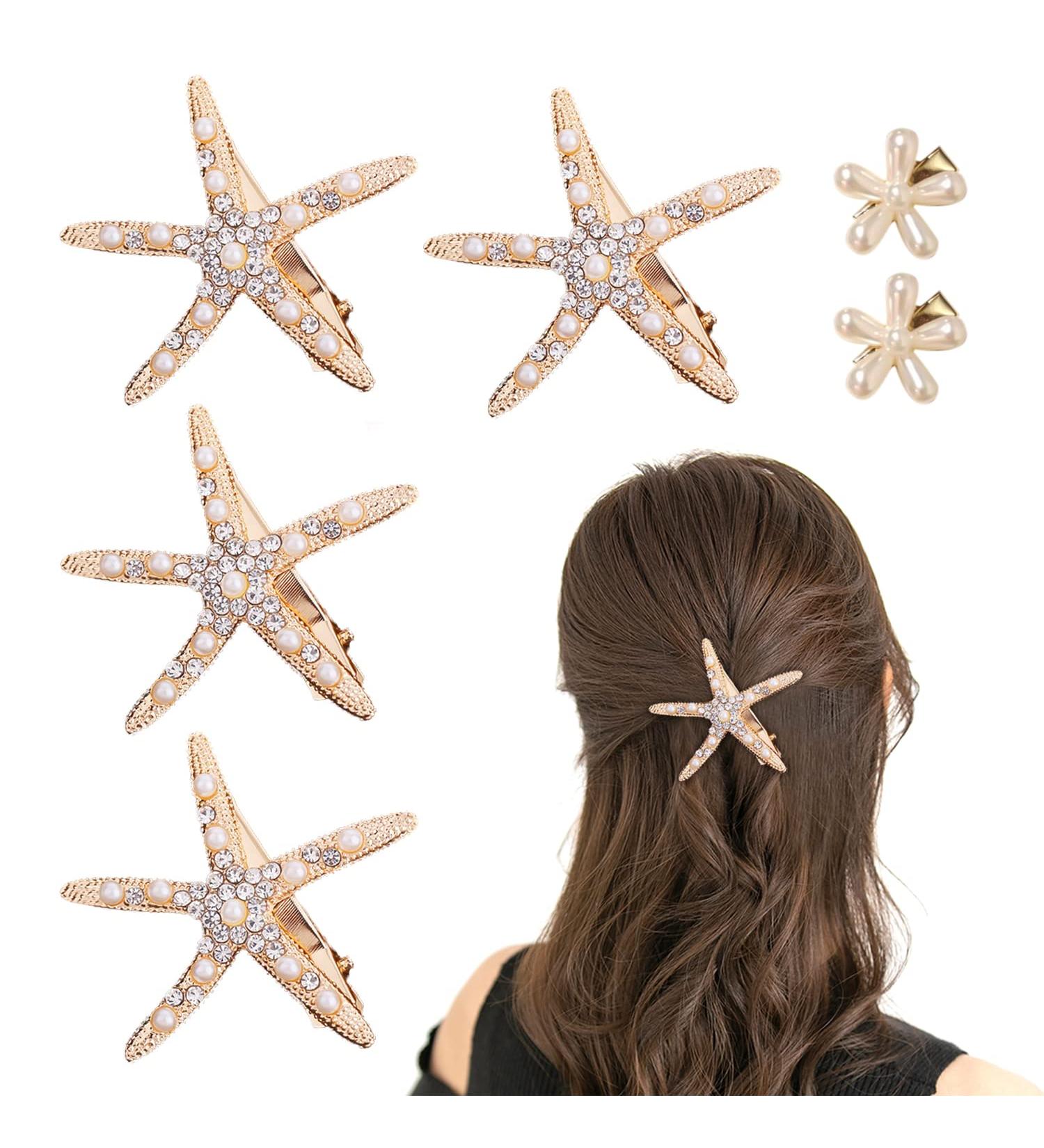 4 Starfish Hair Clips 2 Flower Hair Clips Wedding Accessories Diamond Hair Clips Elegant Non-Slip Hair Accessories for Girls Flower Girl - Buy Online on SooperMarket.com
