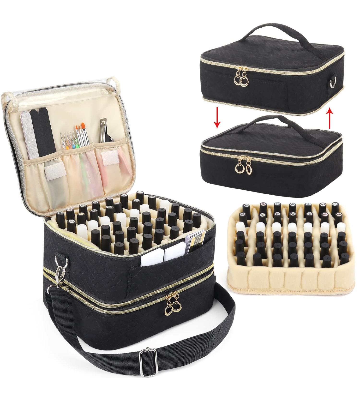 Detachable 2-Layer Nail Polish Organizer | Holds 42 Bottles | Gel Polish Storage & Manicure Tool Holder | Large Makeup & Cosmetic Bag with Dividers | Black - Buy Online on SooperMarket.com