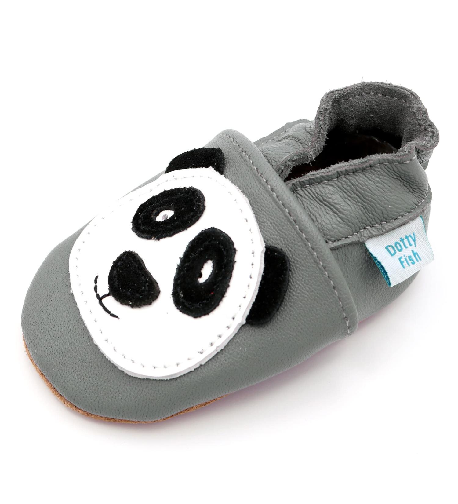 Dotty Fish Soft Leather Baby Shoes for Boys | Non Slip Toddler Shoes | Animal Designs | 0-6 Months - 4-5 Years | Grey and White Panda - Buy Online on SooperMarket.com