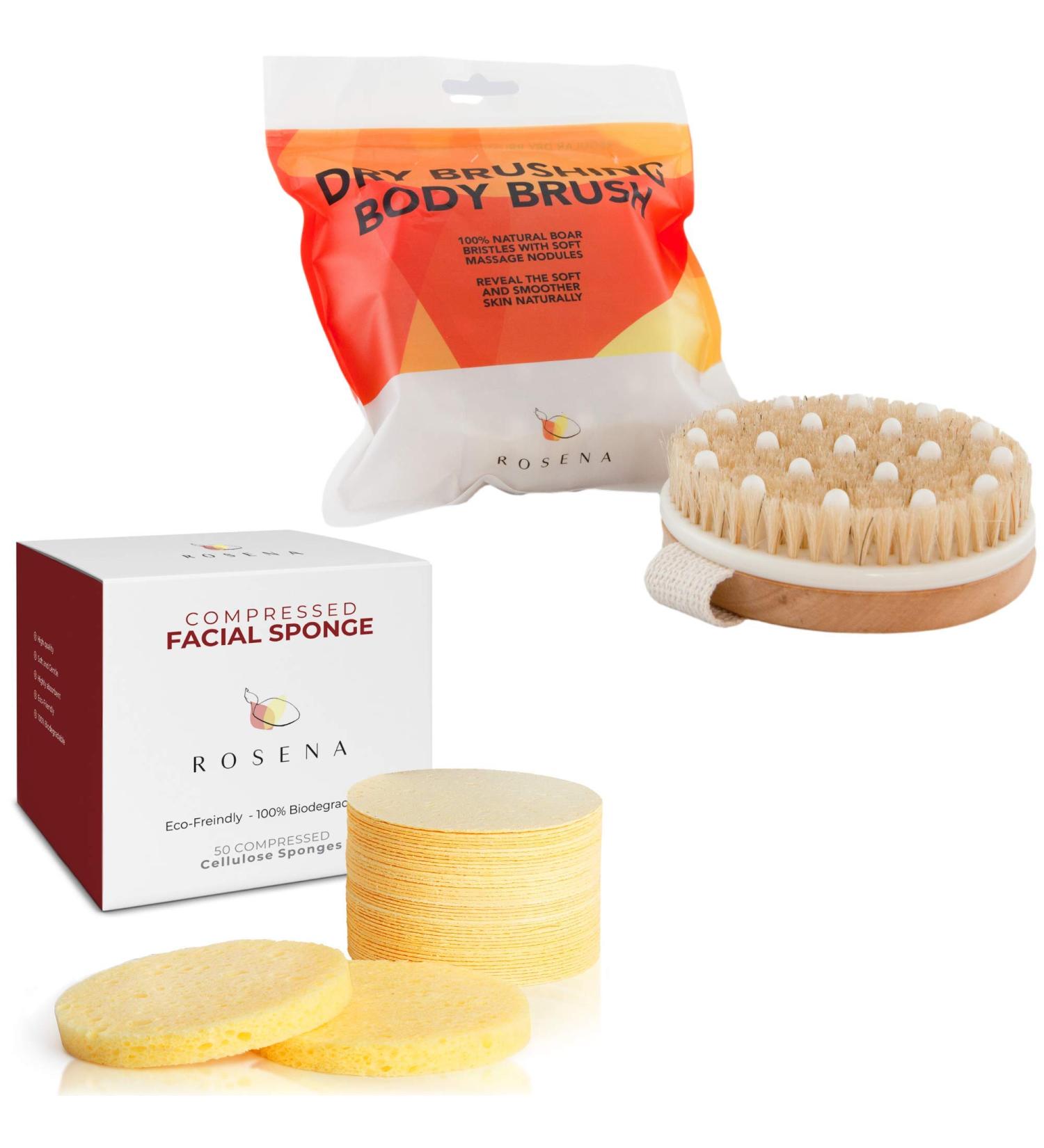 Massaging Dry Brushing Body Brush + Compressed Facial Sponges Set for Softer, Clearer, More Beautiful Skin Naturally - Buy Online on SooperMarket.com