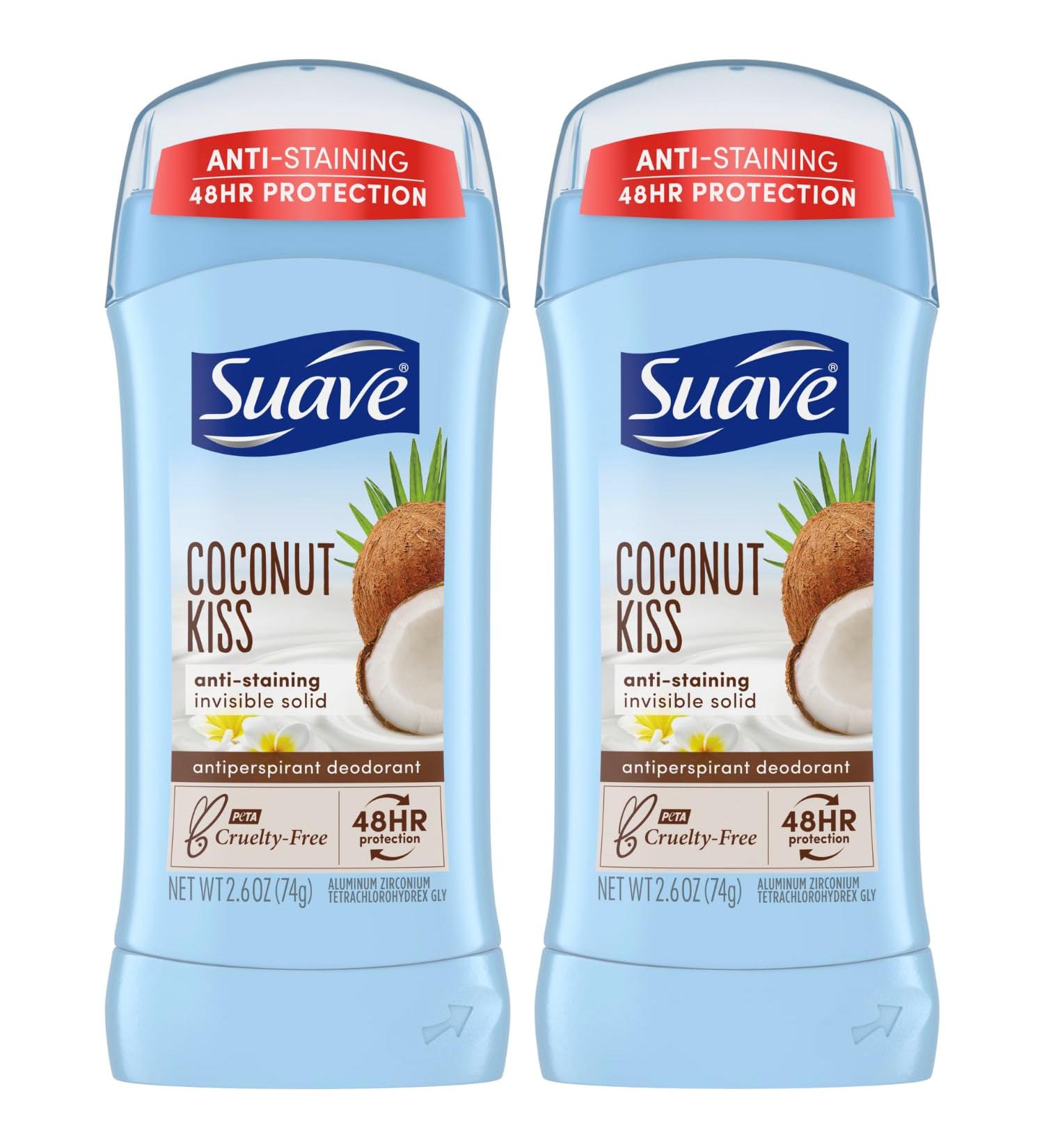Suave Deodorant for Women Coconut Kiss Invisible Solid Antiperspirant Deodorant Stick 48H Protection Anti-Staining Cruelty-Free Scented 2.6 Oz (Pack of 2) Coconut 2.51 Ounce (Pack of 2)