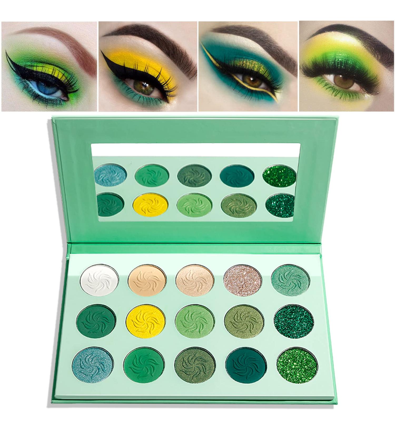 QIUFSSE 15-Color Green Eyeshadow Palette - Highly Pigmented Matte & Glitter Shades for Long-Lasting, Blendable Makeup - Perfect for Women, Christmas, Halloween - Buy Online on SooperMarket.com