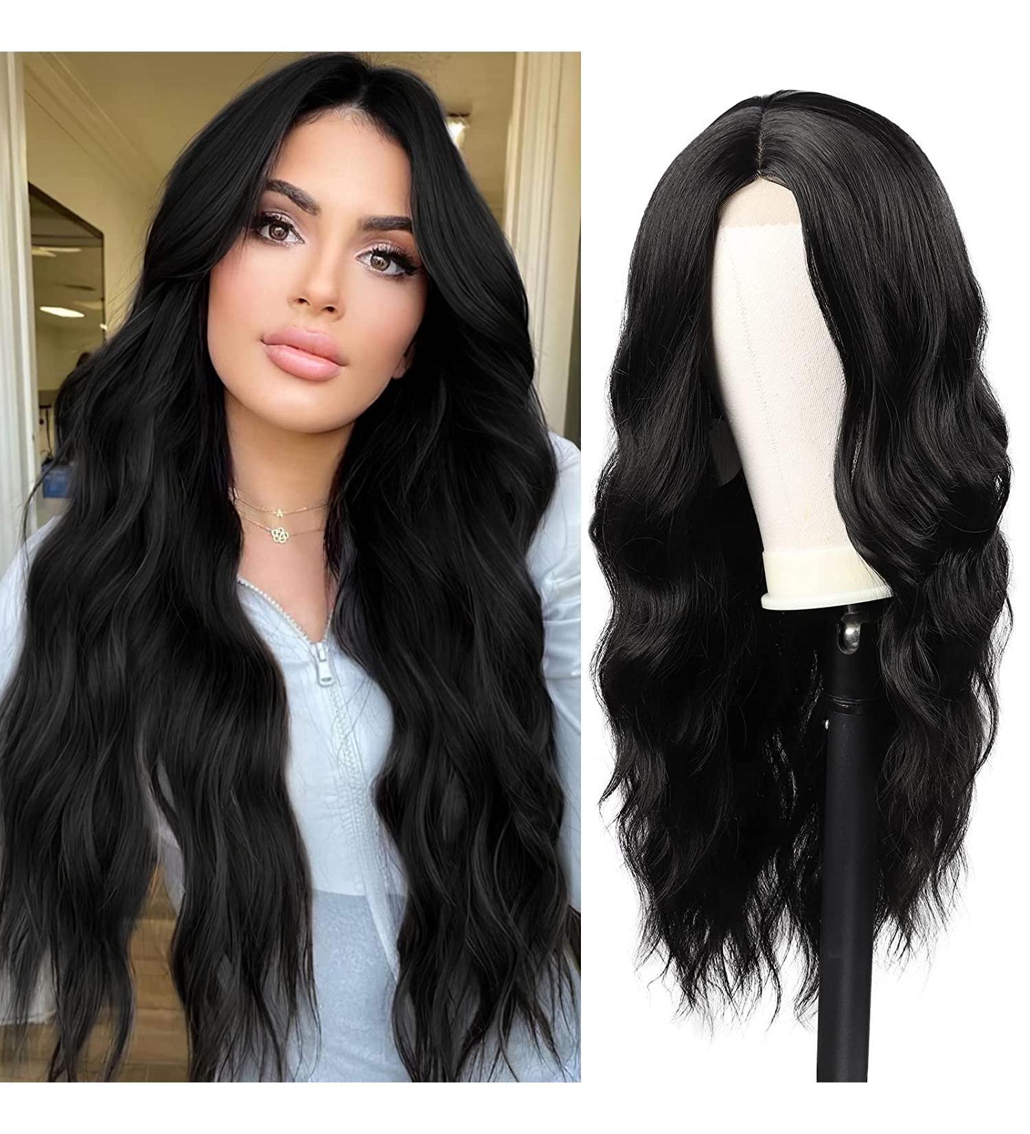 Long Black Wavy Wig for Women 24 Inch Middle Part Curly Synthetic Hair Natural Looking Heat Resistant Fiber for Daily Party Use (Black) - Buy Online on SooperMarket.com