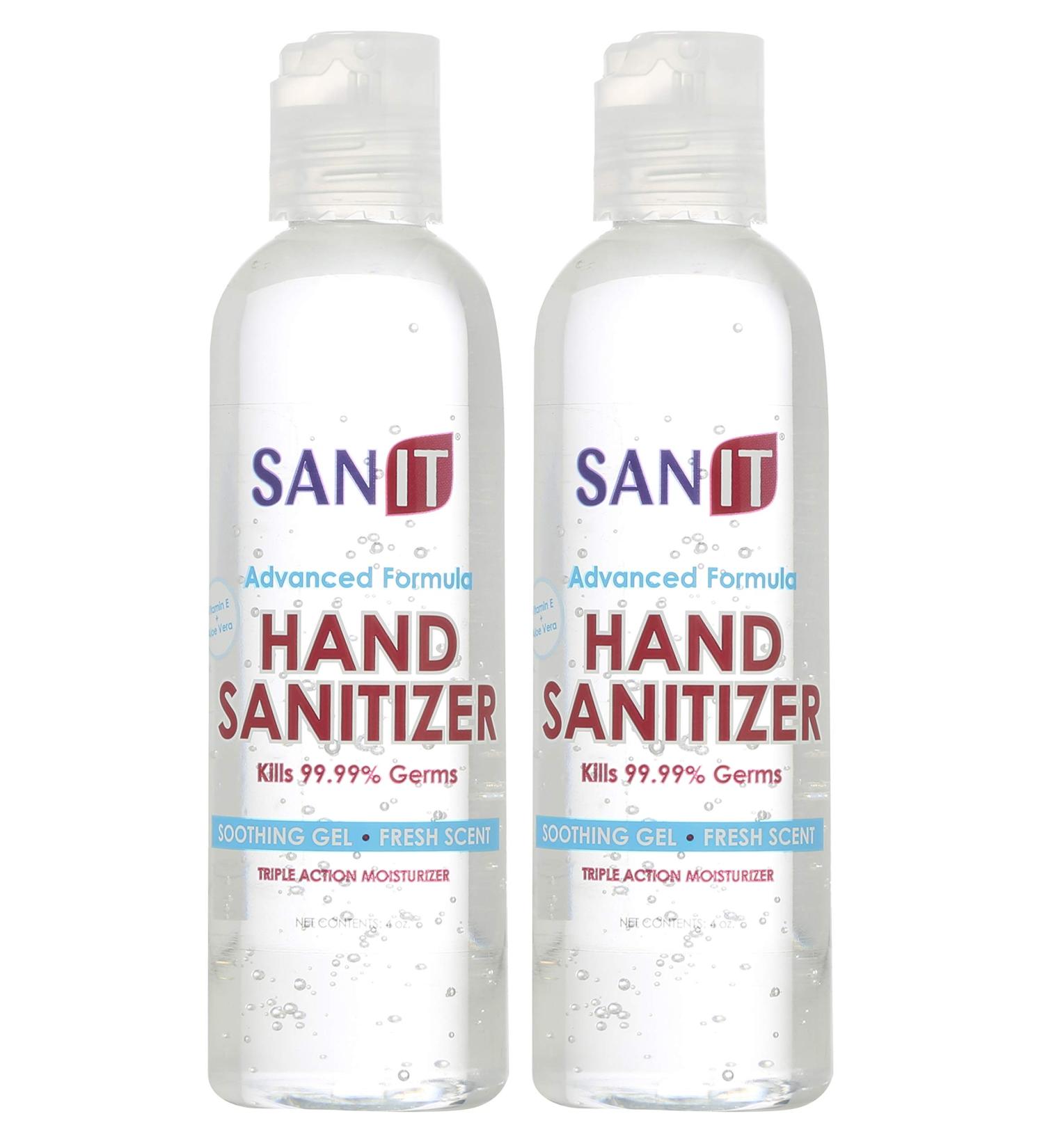 Sanit Moisturizing Hand Sanitizer Gel 70% Alcohol - 2 Pack 4 oz - Made in USA - Kills 99.99% Germs with Vitamin E and Aloe Vera - Fresh Scent Soothing Formula - Buy Online on SooperMarket.com