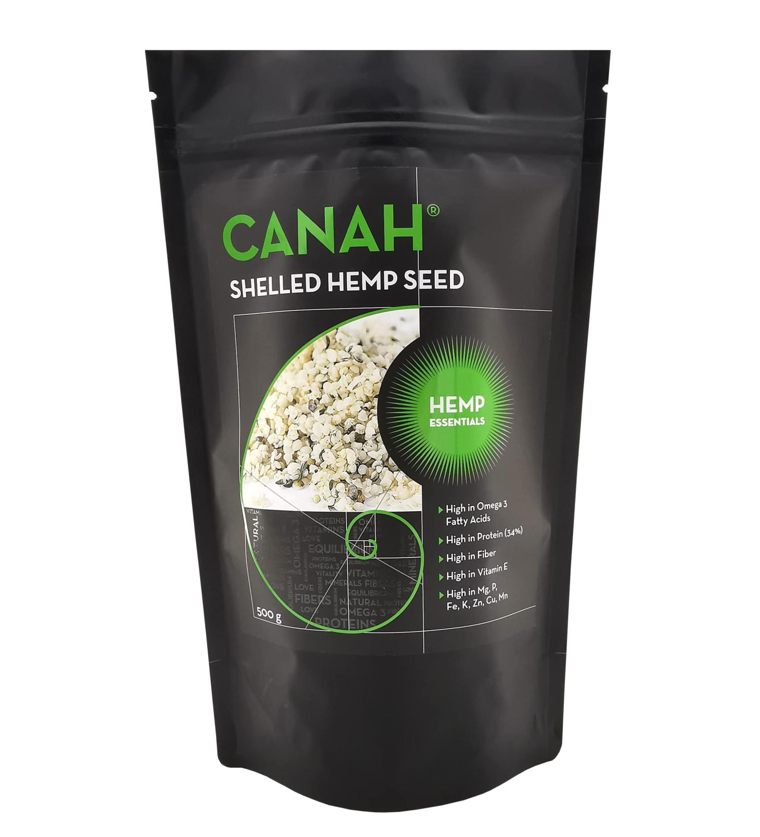 Canah Natural Hemp Seed Raw Shelled (Hulled) Hearts 500 g Vegan High in Protein Fiber Omega 3 & Omega 6 Amino Acids Vitamins and Minerals Certified Kosher + Free Bonus Recipes 500g - Buy Online on SooperMarket.com