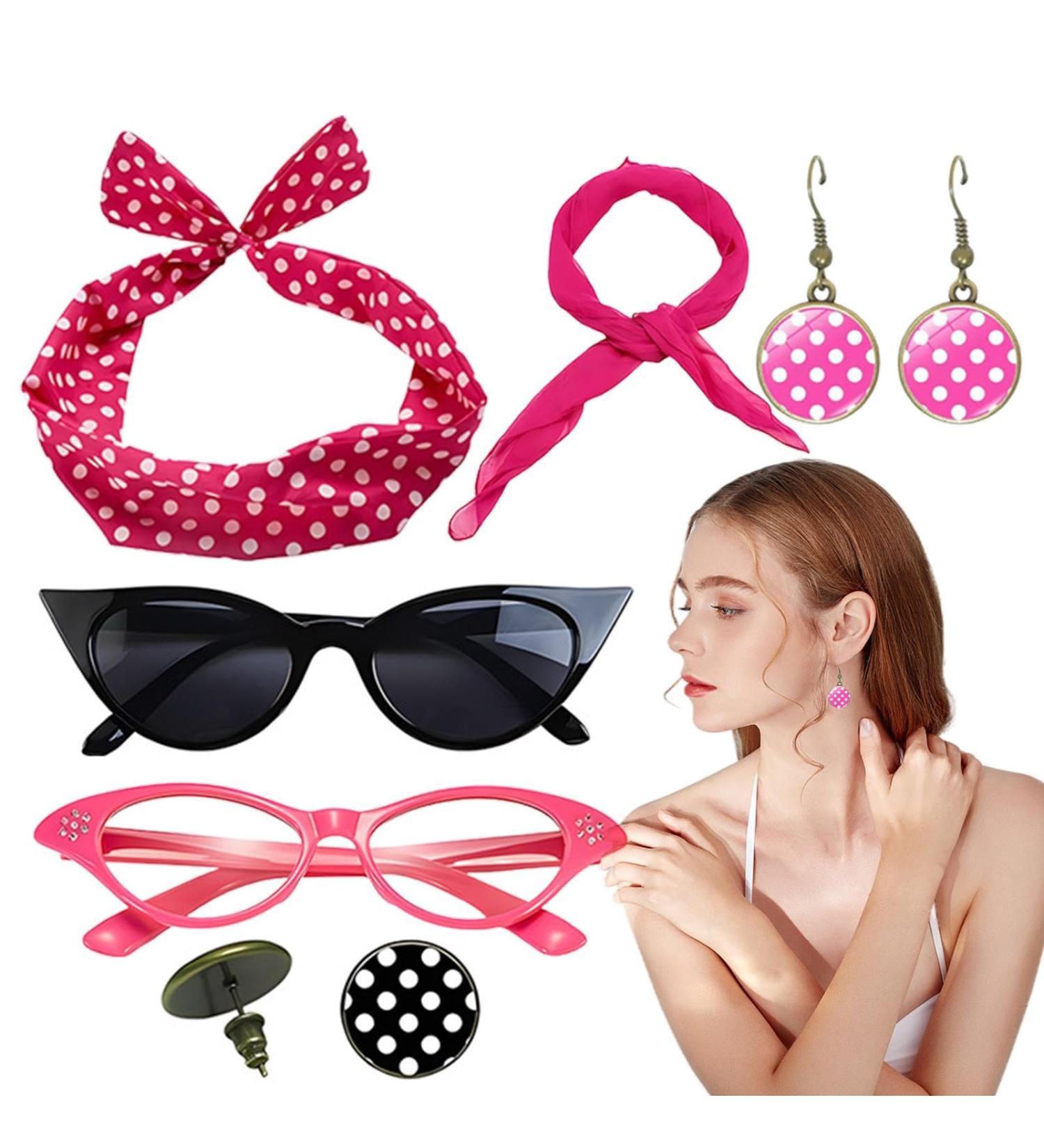 50s Accessories for Women | Headband Drop Earrings Set for 1950s Outfits Print Dangle Earrings with Vintage Hair Bands Chiffon Scarf Cat Eye Glasses Hot Pink One Size - Buy Online on SooperMarket.com