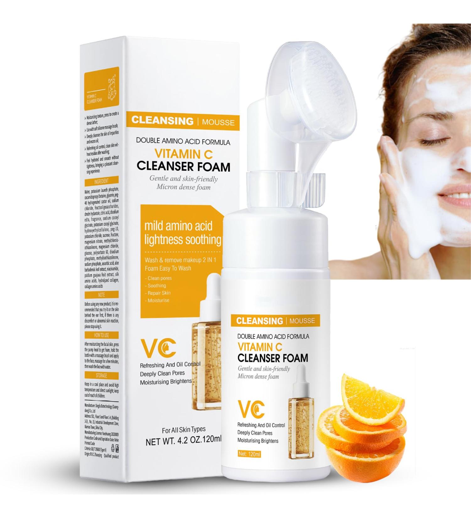 Vitamin C Hydrating Foaming Facial Cleanser - Gentle Acne-Prone Skin Wash with Silicone Brush - Vegan Daily Cleanser for Men & Women - 4.2oz - Buy Online on SooperMarket.com