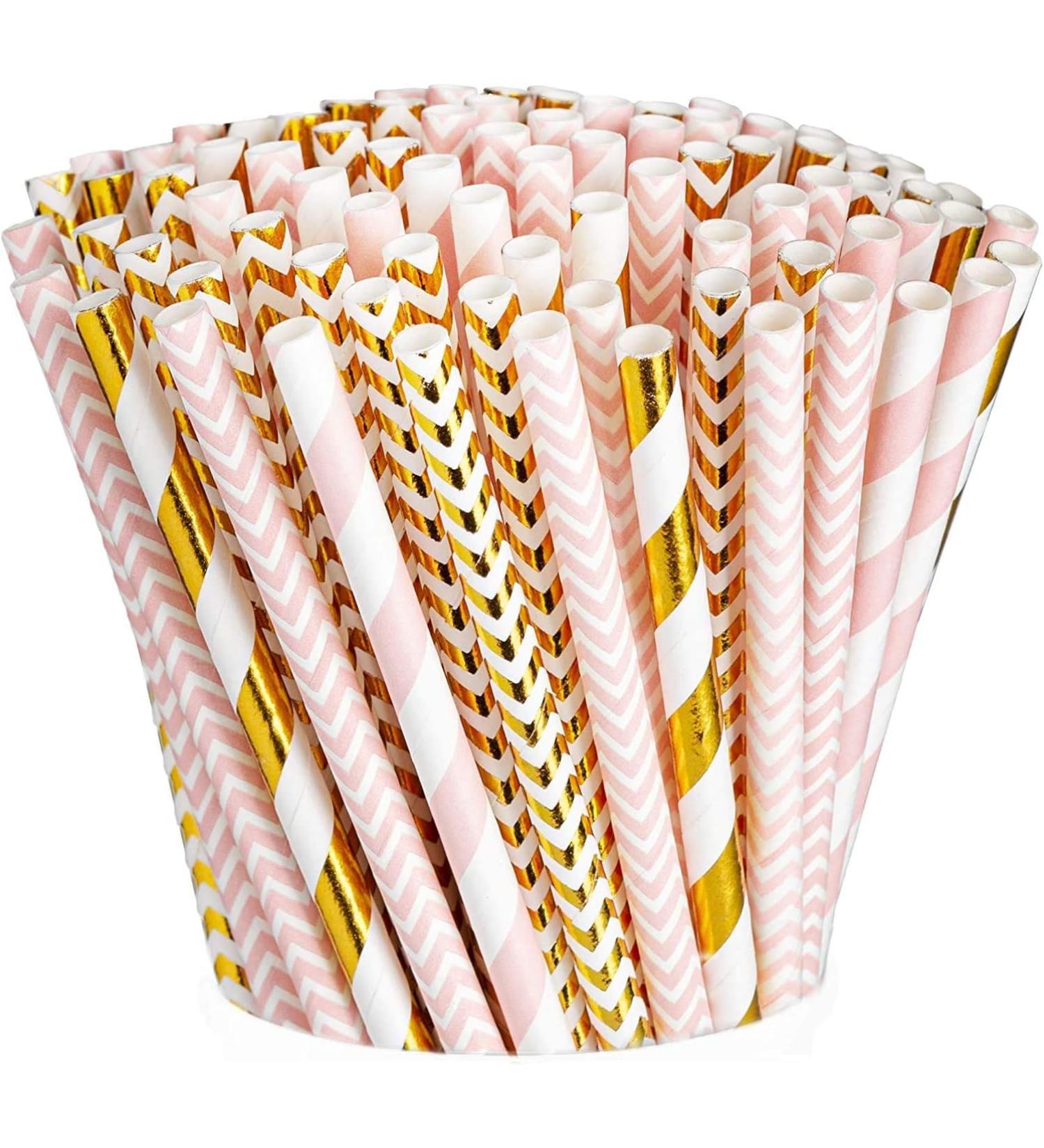Biodegradable Paper Straws 200 Pack Pink & Gold Multi-Pattern for Birthday Wedding Holiday Decoration - Buy Online on SooperMarket.com