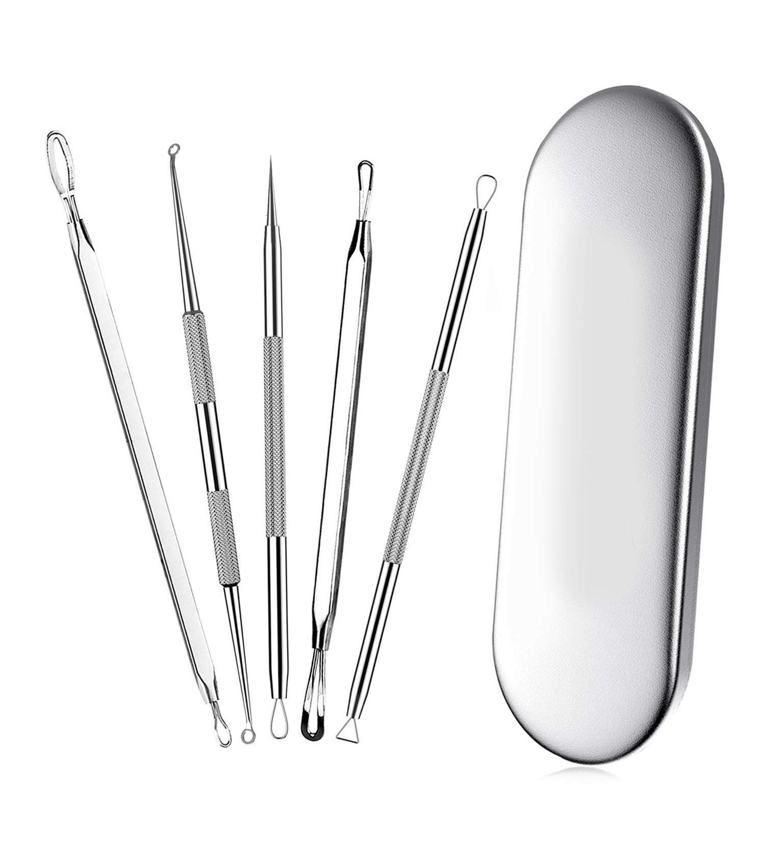 Blackhead Remover Acne Treatment Kit - Professional Skin Care Tools for Pimple Popper, Blemish, and Whitehead Extraction - 5 Piece Stainless Steel Set with Travel Case (Silver) - Buy Online on SooperMarket.com