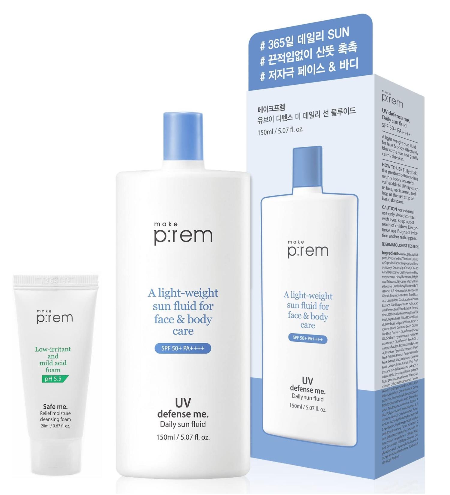 MAKEPREM Defense Me Daily Vegan Sun Fluid SPF 50+PA++++ - Non-greasy Hydrating Sunscreen for Acne-Prone Skin - Broad Spectrum UV Protection - Reef-safe Formula - Korean Skincare - Buy Online on SooperMarket.com