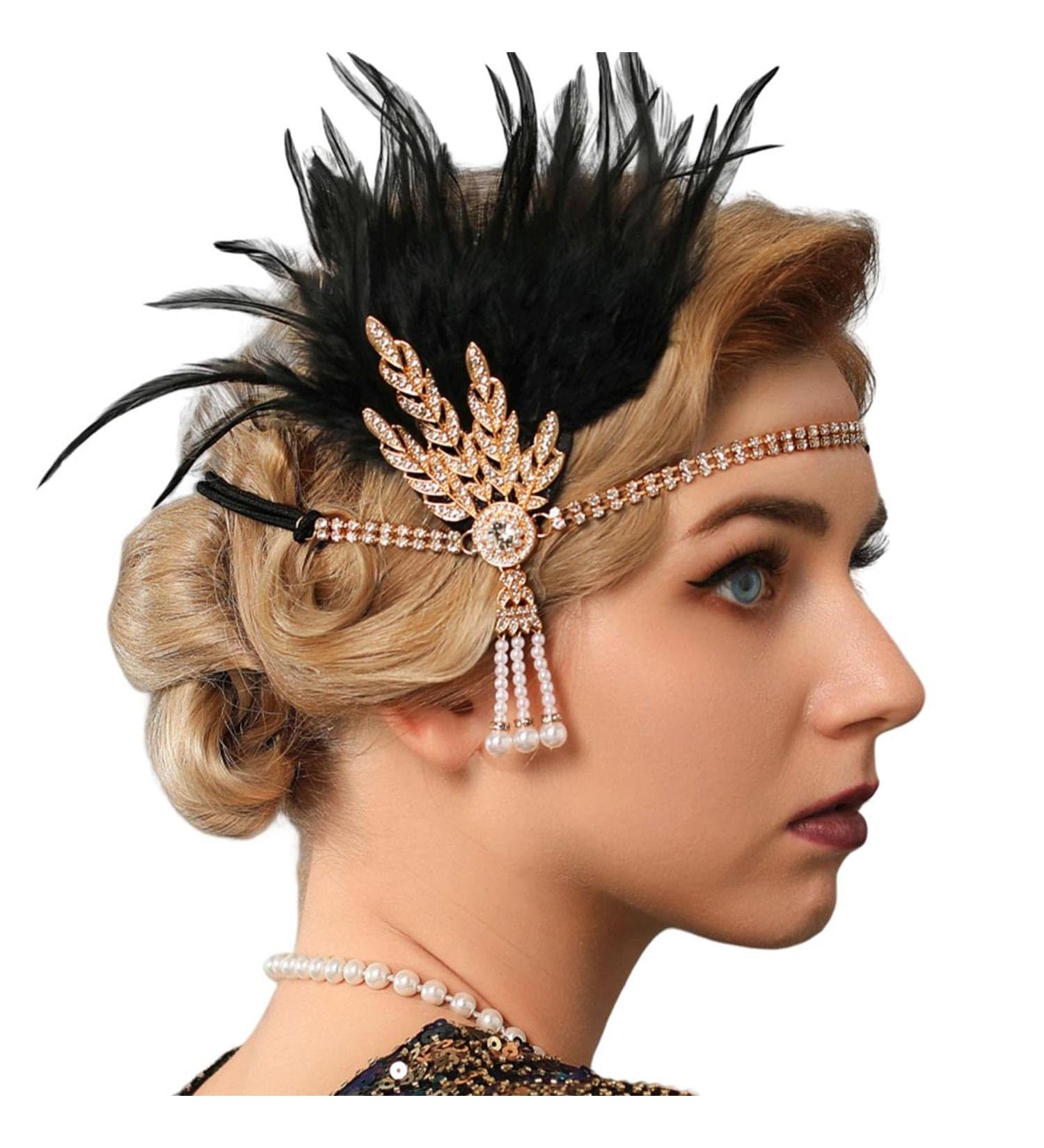Handcess 1920s Flapper Feather Headband Black Feather Crystal Headband Women's Vintage Pearl Flapper Headpiece 20's Theme Cocktail Hair Accessories for Costume Prom Carnival Party - Buy Online on SooperMarket.com