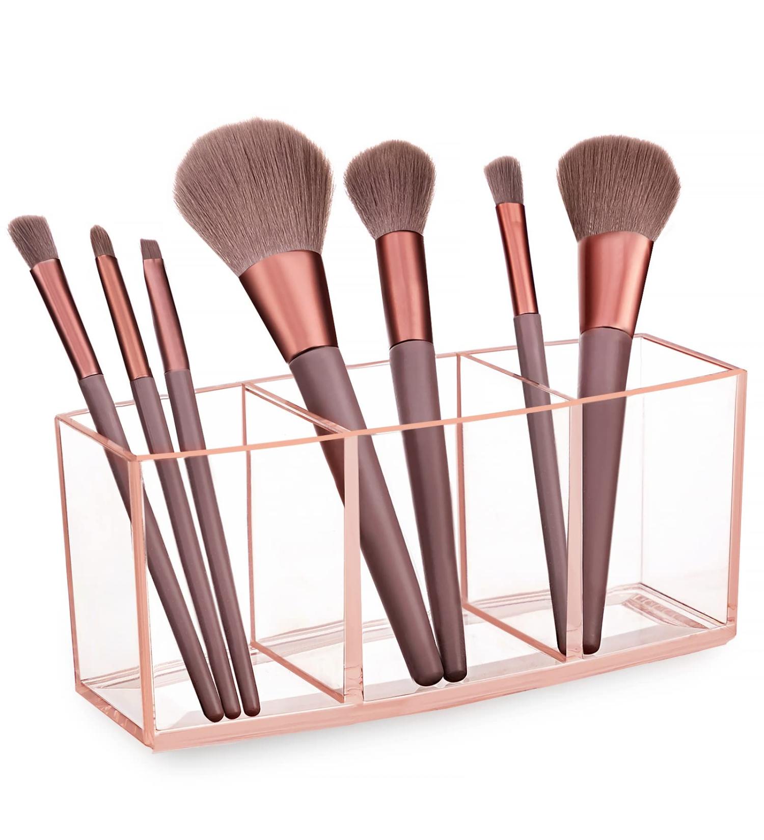 Clear Acrylic Makeup Brush Holder - 3-Compartment Vanity Organizer for Skincare & Makeup Storage | HBlife - Buy Online on SooperMarket.com