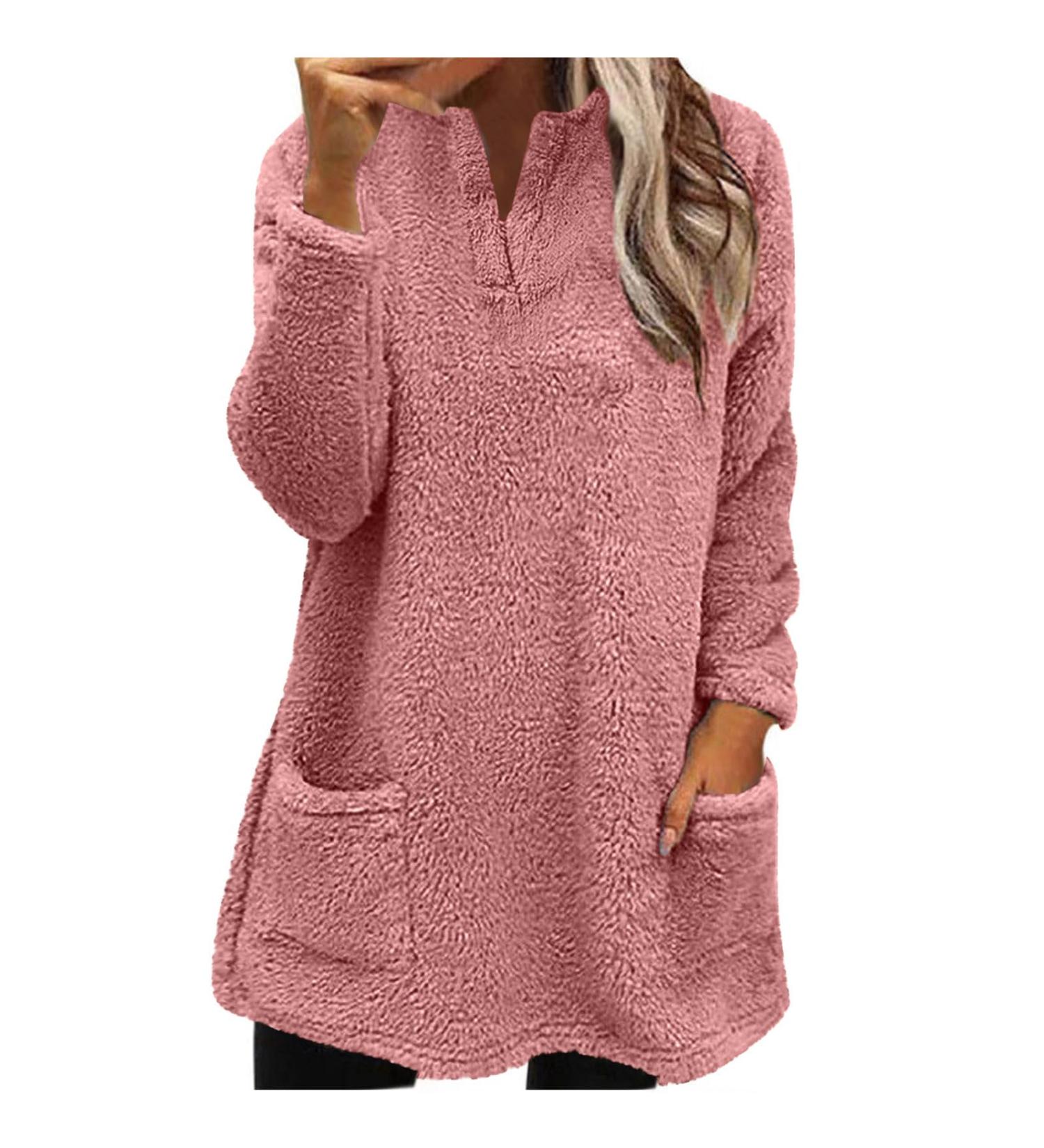 AMhomely Women's Plus Size Soft Teddy Fleece Hooded Jumper - Double Fleece Casual Hoodie with Pocket, V Neck Pullover Top for Winter - Wine S - Buy Online on SooperMarket.com