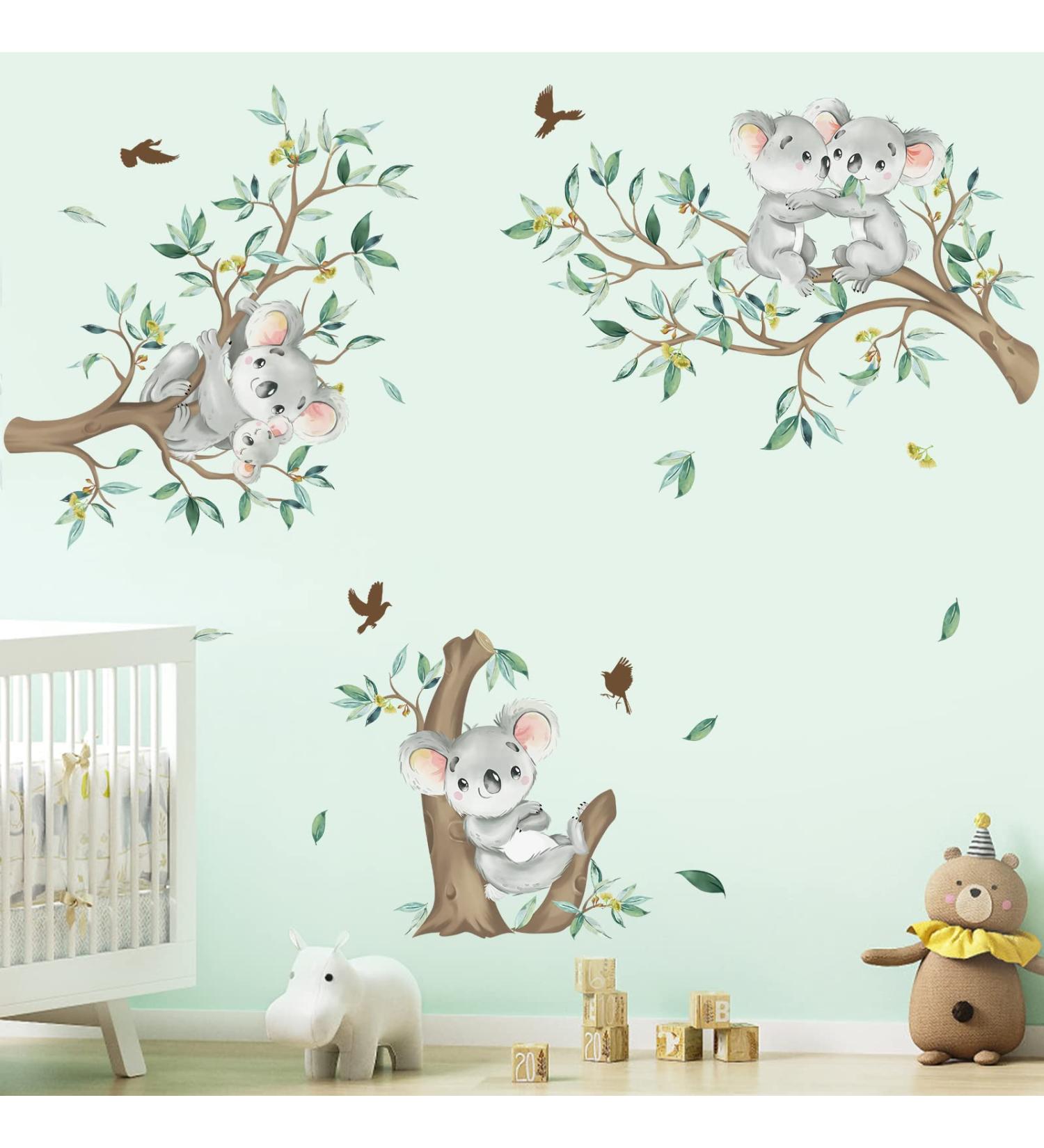 Decalmile Koala Tree Branch Wall Decals with Green Leaves - Nursery and Kids Bedroom Wall Decor - Buy Online on SooperMarket.com