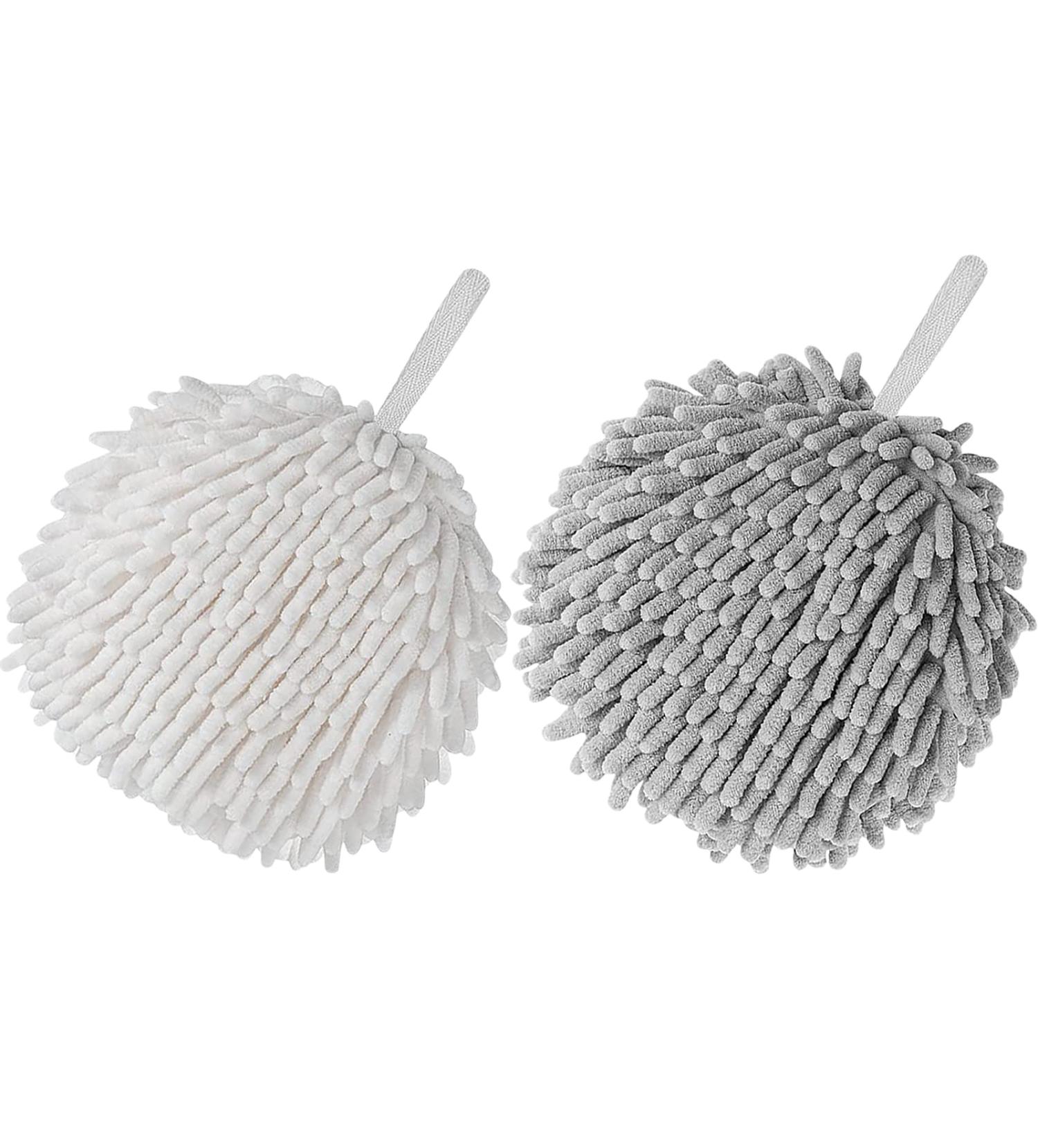 LIUVTILB 2 Pack Fuzzy Ball Towels - Super Fluffy Chenille Hand Towels - High Absorbency - Gray + White - Buy Online on SooperMarket.com