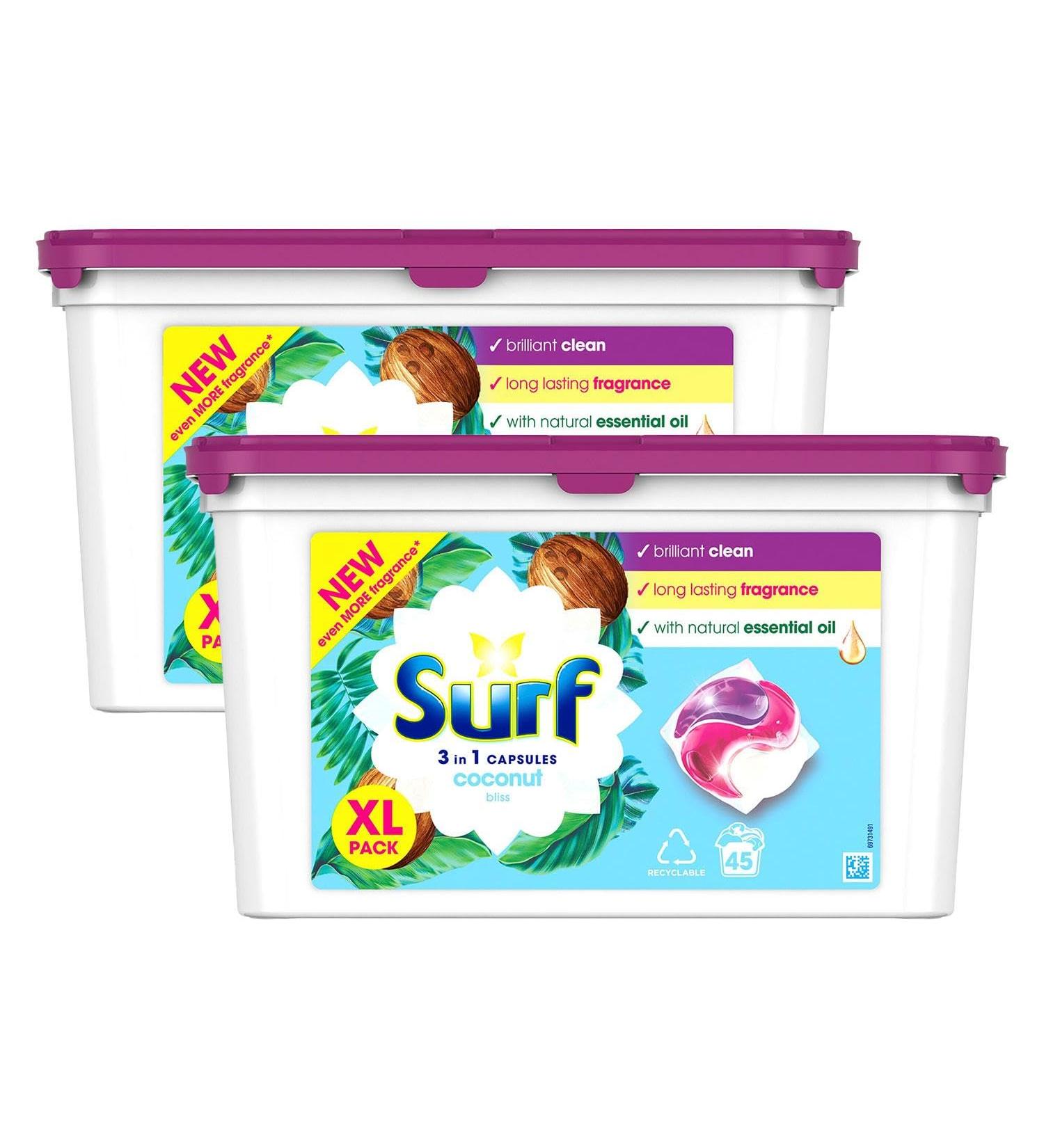 Surf 3-in-1 Washing Detergent Capsules Coconut Bliss Long Lasting Fragrance and Made with Natural Essential Oil Laundry Detergent XL Pack 45 Washes (Pack of 2) - Buy Online on SooperMarket.com
