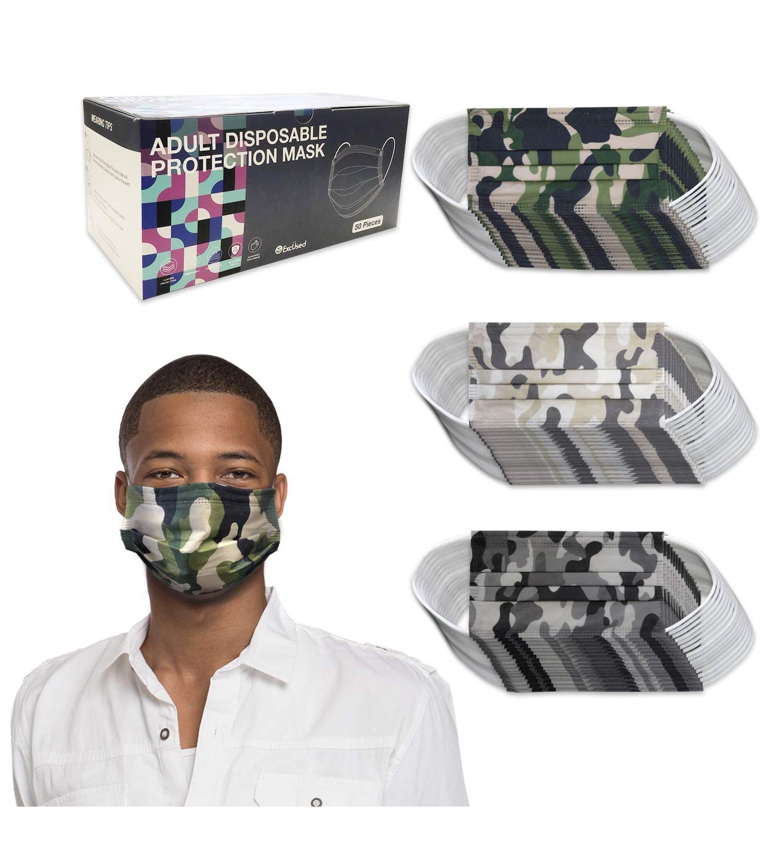 50 Pack Adult Disposable Face Masks - Soft 3-Ply Bulk Pack with Elastic Ear Loops - Mix Camo Colors - Ideal for Home, Office, School, Outdoors - Buy Online on SooperMarket.com