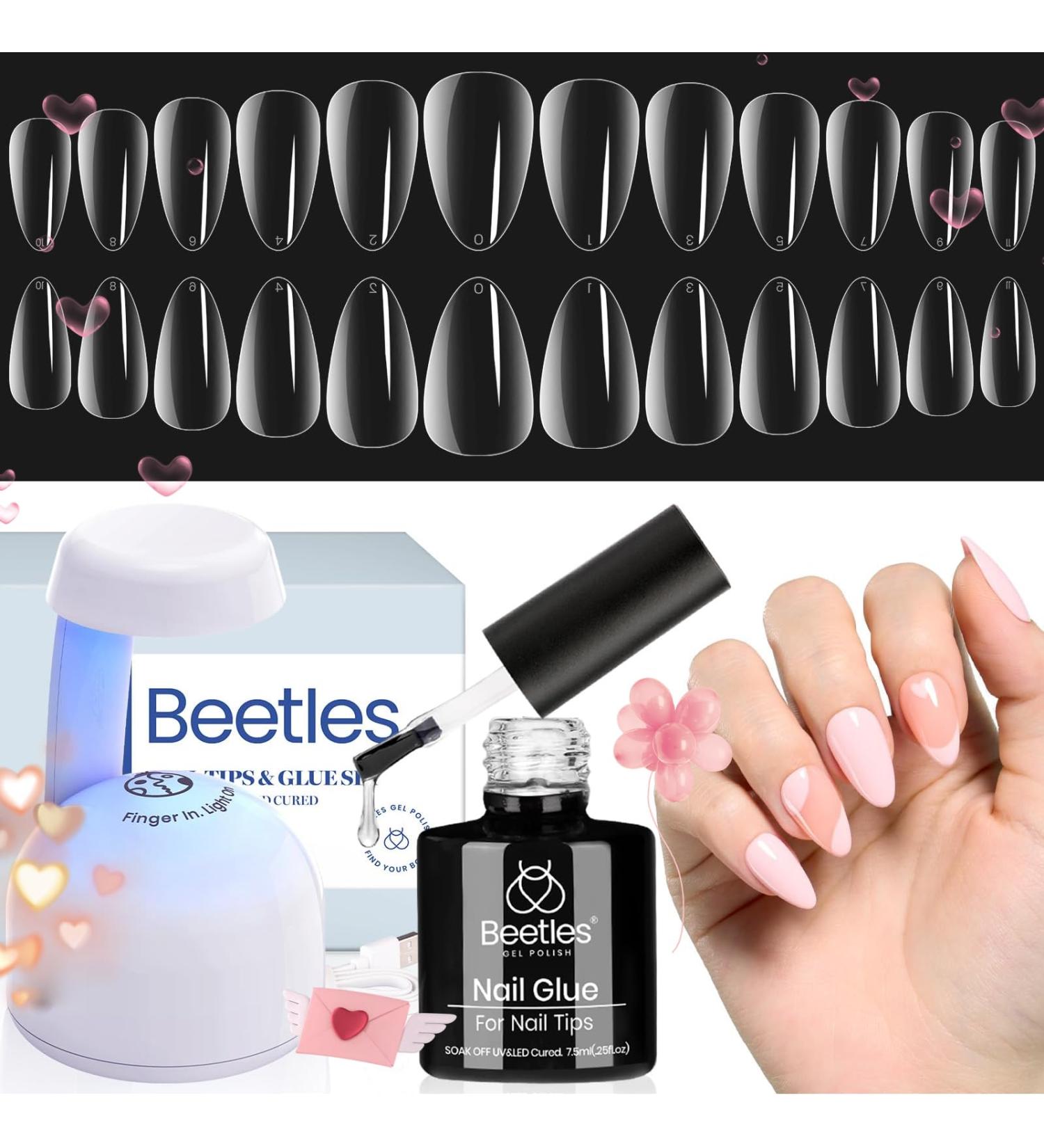 Beetles Gel Nail Kit with 500Pcs Soft Gel Nail Tips - Short Almond Shape | Easy DIY Nails Art Set with UV LED Lamp & 5-in-1 Nail Glue | Home Acrylic False Nail Tips Kit - Clear 500PCS - Buy Online on SooperMarket.com
