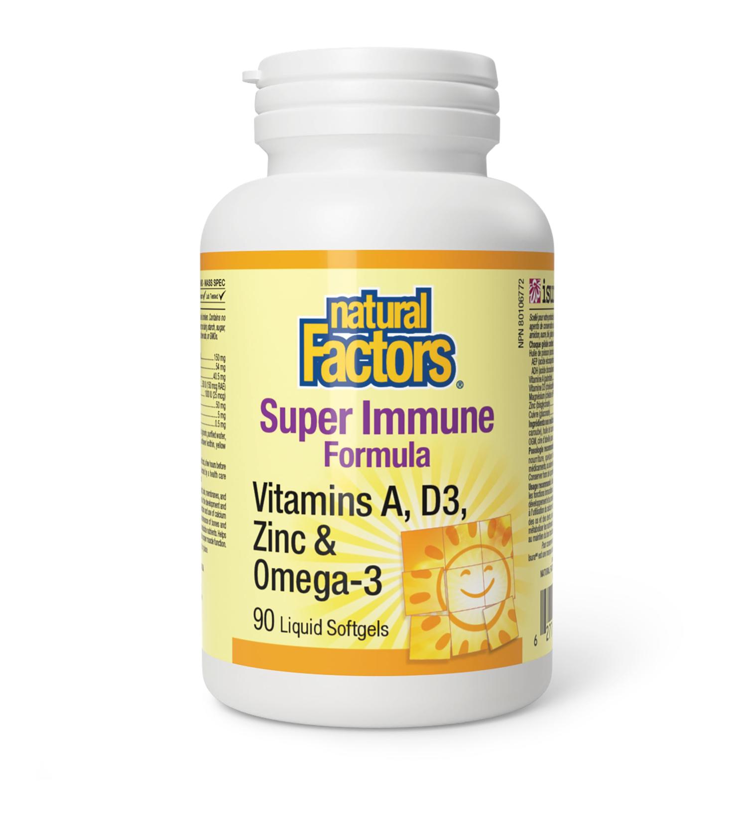 Natural Factors Super Immune Formula 90 liquid softgels Vitamin A D3 Zinc & Omega-3 One-per-Day Supports Immune Function - Buy Online on SooperMarket.com