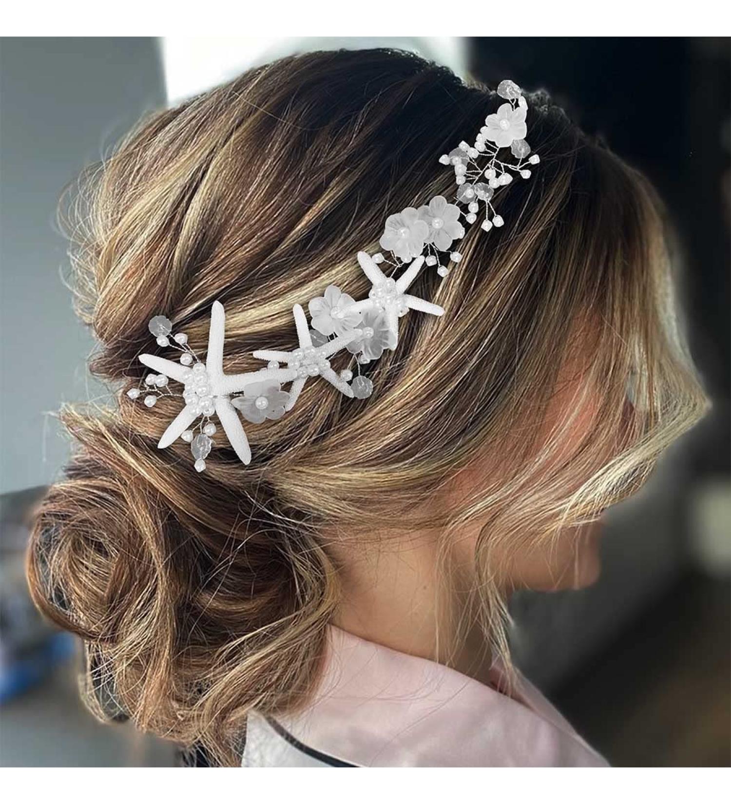 EASEDAILY Starfish Bride Wedding Hair Vine - Silver Flower Headband with Pearls and Crystals for Beach Bridal Hair Accessories - Buy Online on SooperMarket.com