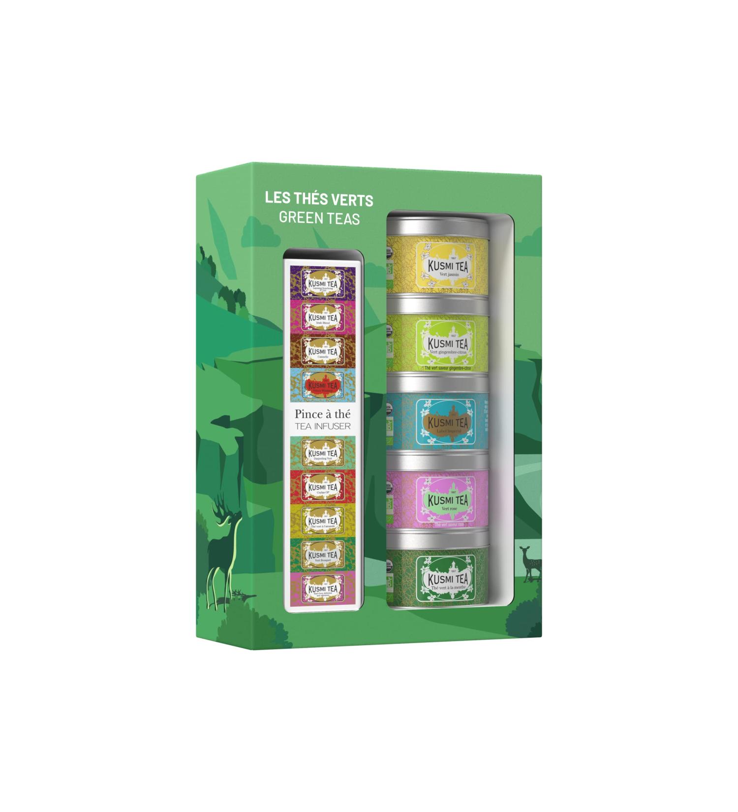 Kusmi Tea Gift Set | Organic Green Tea Assortment - 5 Metal Tins (25g Each) with Infuser | Green Jasmine Ginger-Lemon Imperial Label Green Rose & Mint - Perfect for Tea Lovers - Buy Online on SooperMarket.com