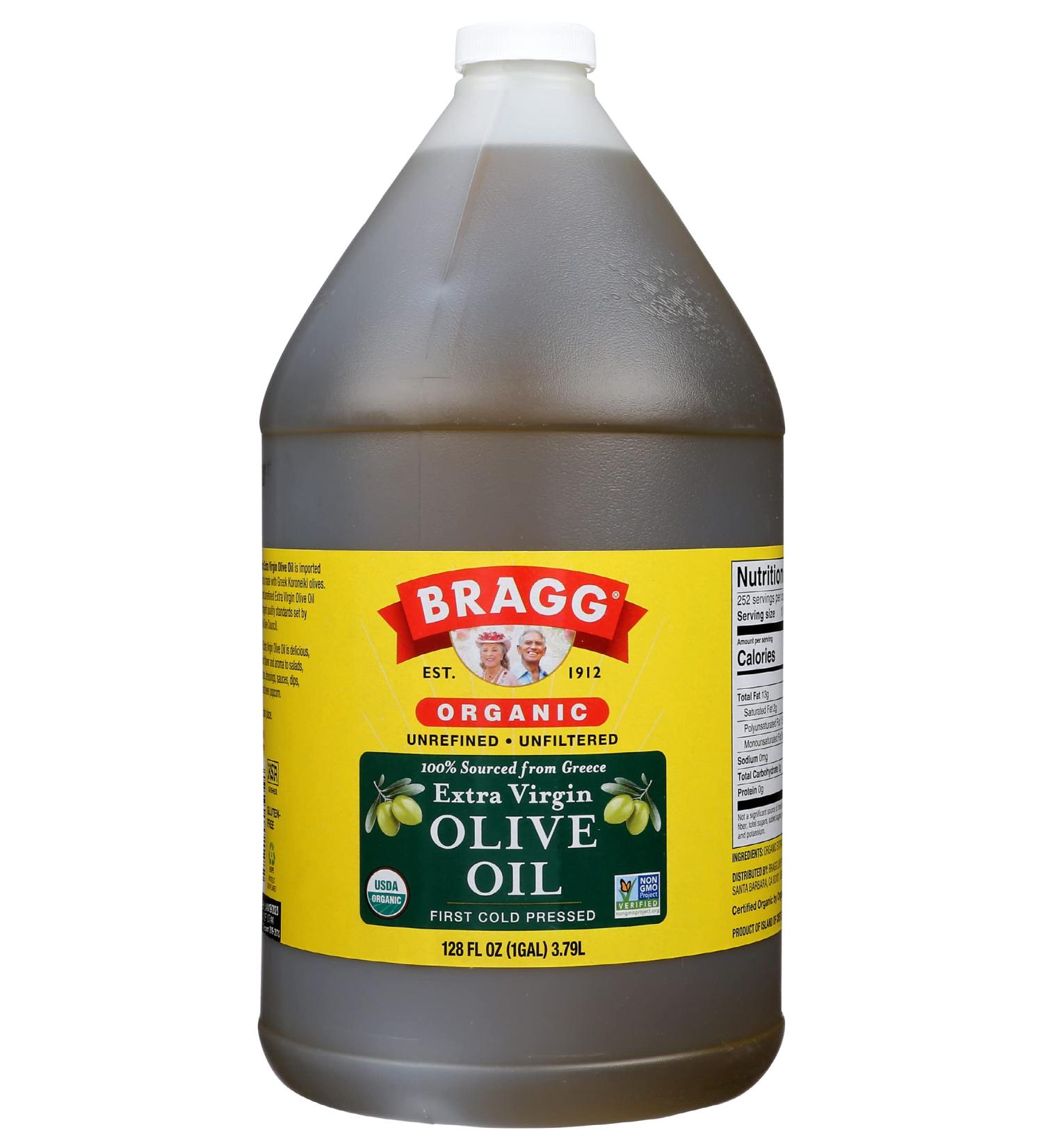 Bragg Organic Extra Virgin Olive Oil - Cold Pressed EVOO from Greek Koroneiki Olives - 1 Gallon (128 Fl Oz) | USDA Certified, Non-GMO, Kosher - Ideal for Marinades & Vinaigrettes - Buy Online on SooperMarket.com