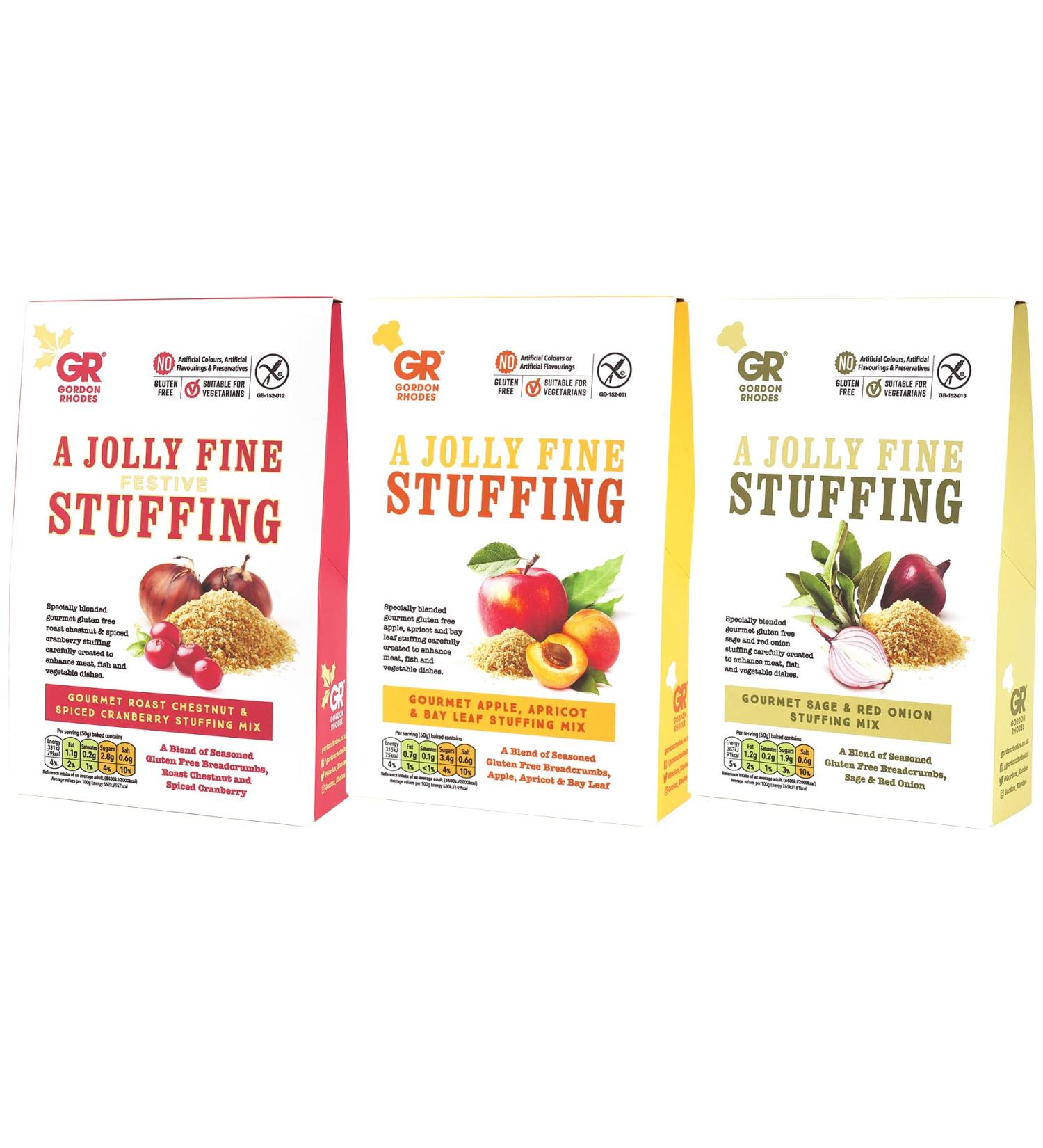 The ultimate stuffing bundle by Gordon Rhodes with our (3 x 125gm) gourmet gluten free stuffings including Roast Chestnut and Spiced Cranberry Sage and Red Onion and Apple Apricot and Bay Leaf. - Buy Online on SooperMarket.com
