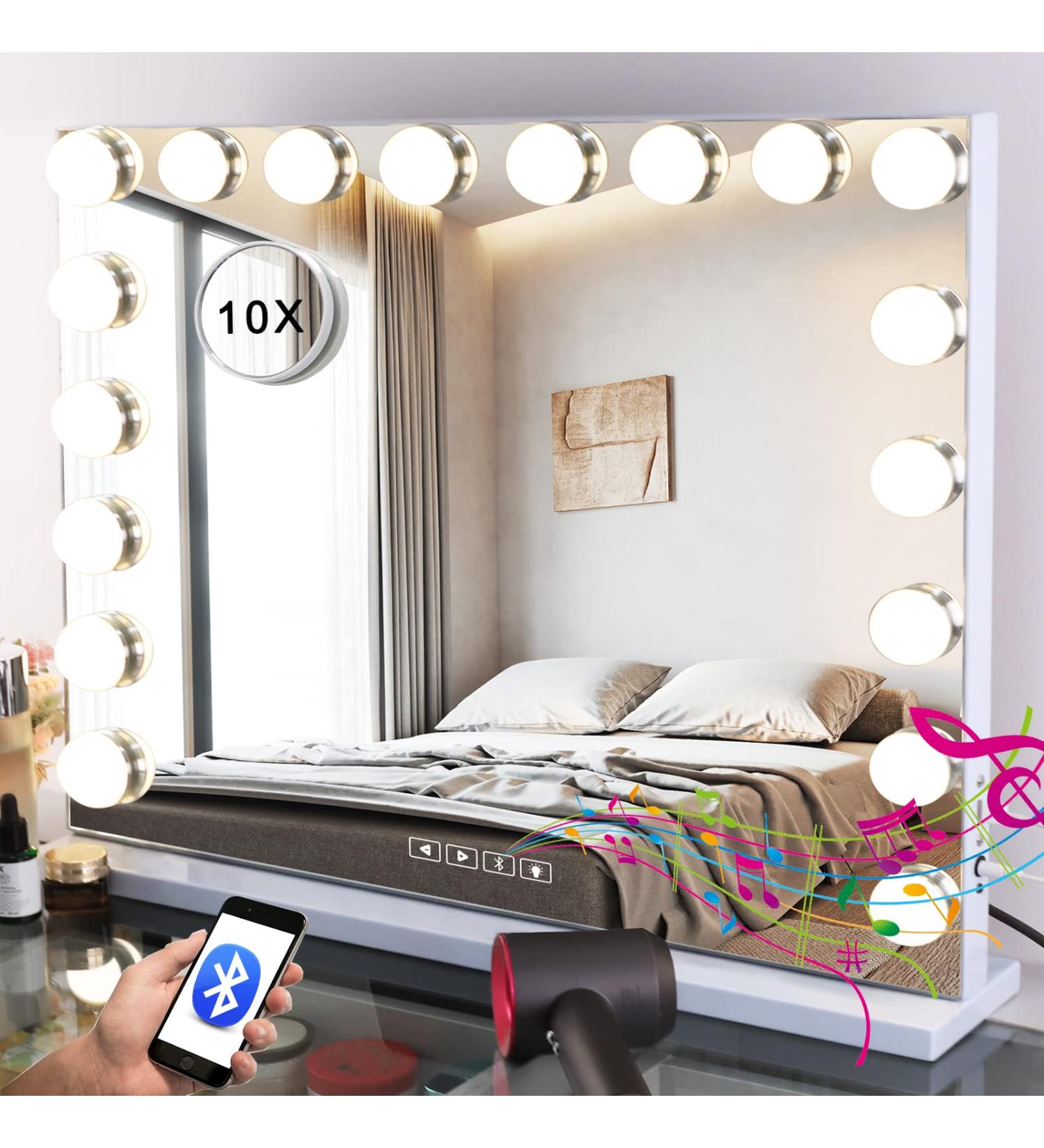 Fenair Bluetooth Vanity Mirror 28x23 with Lights and Speaker - Large Hollywood Makeup Mirror with 18 Adjustable Bulbs and 3 Color Modes - Sturdy Metal Frame for Table/Wall - 28x22inch - Buy Online on SooperMarket.com