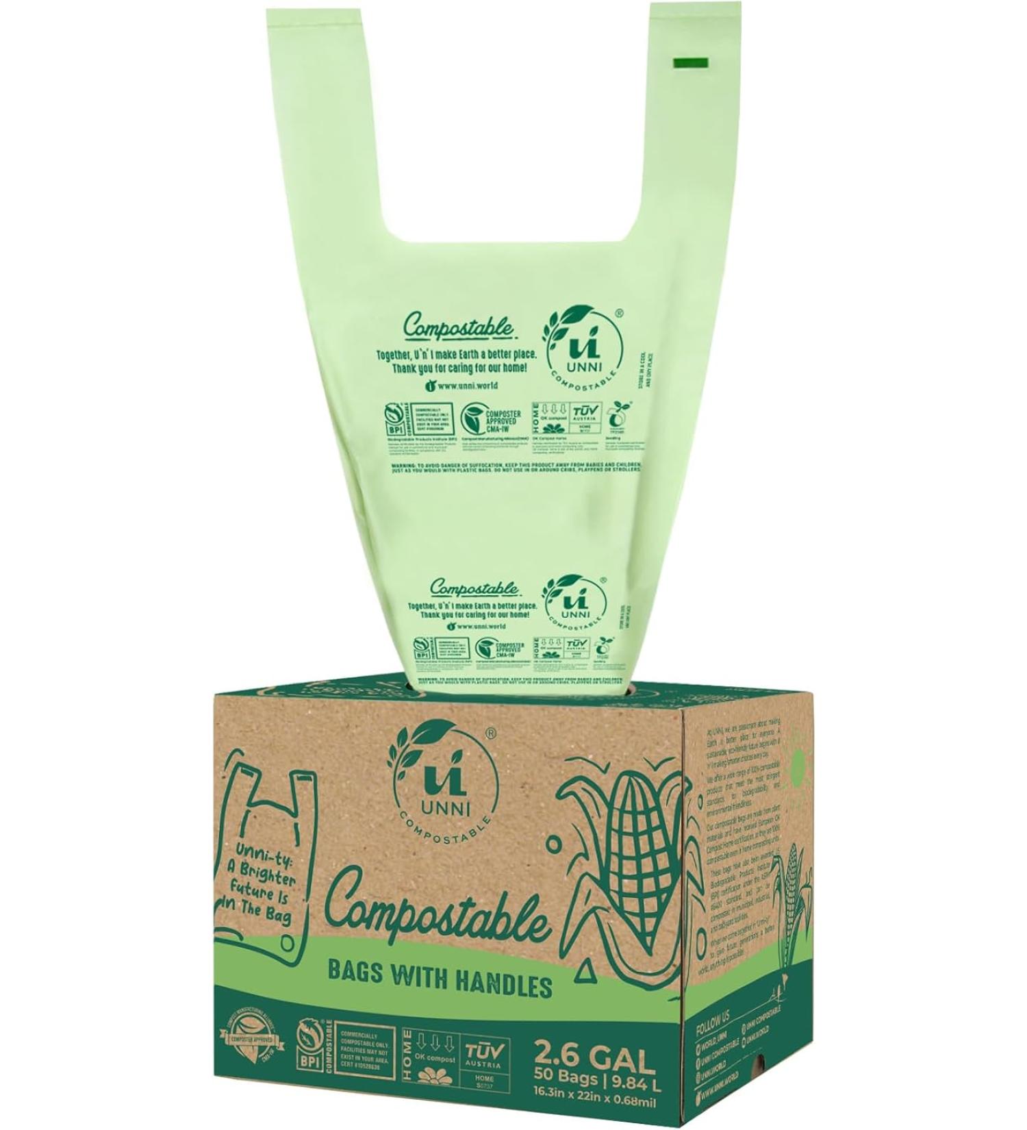 UNNI Compostable Bags with Handles 2.6 Gallon 50 Count - ASTM D6400 & BPI Certified Kitchen Waste Bags - Buy Online on SooperMarket.com