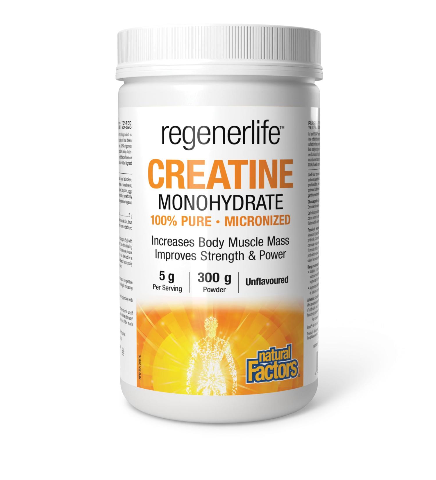 Natural Factors Regenerlife Creatine Monohydrate 100% Pure Micronized 5g per serving 300g Unflavoured Increases Body Muscle Mass Improves Strength and Power Easy to mix Highly Absorbable Vegan