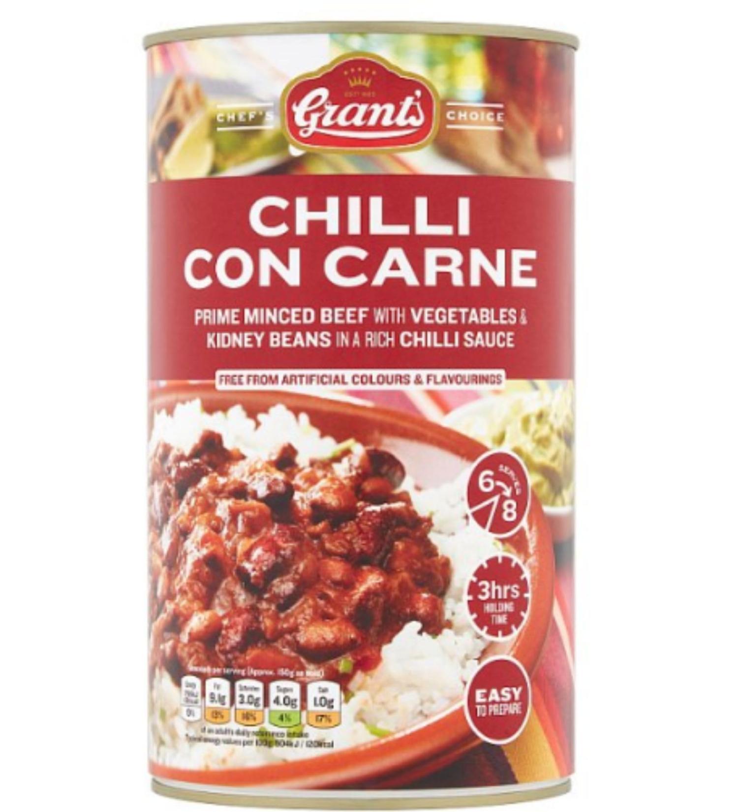 Chilli Con Carne 1.2kg tinned Chilli con Carne.Free from artificial colours & flavourings. Grant's