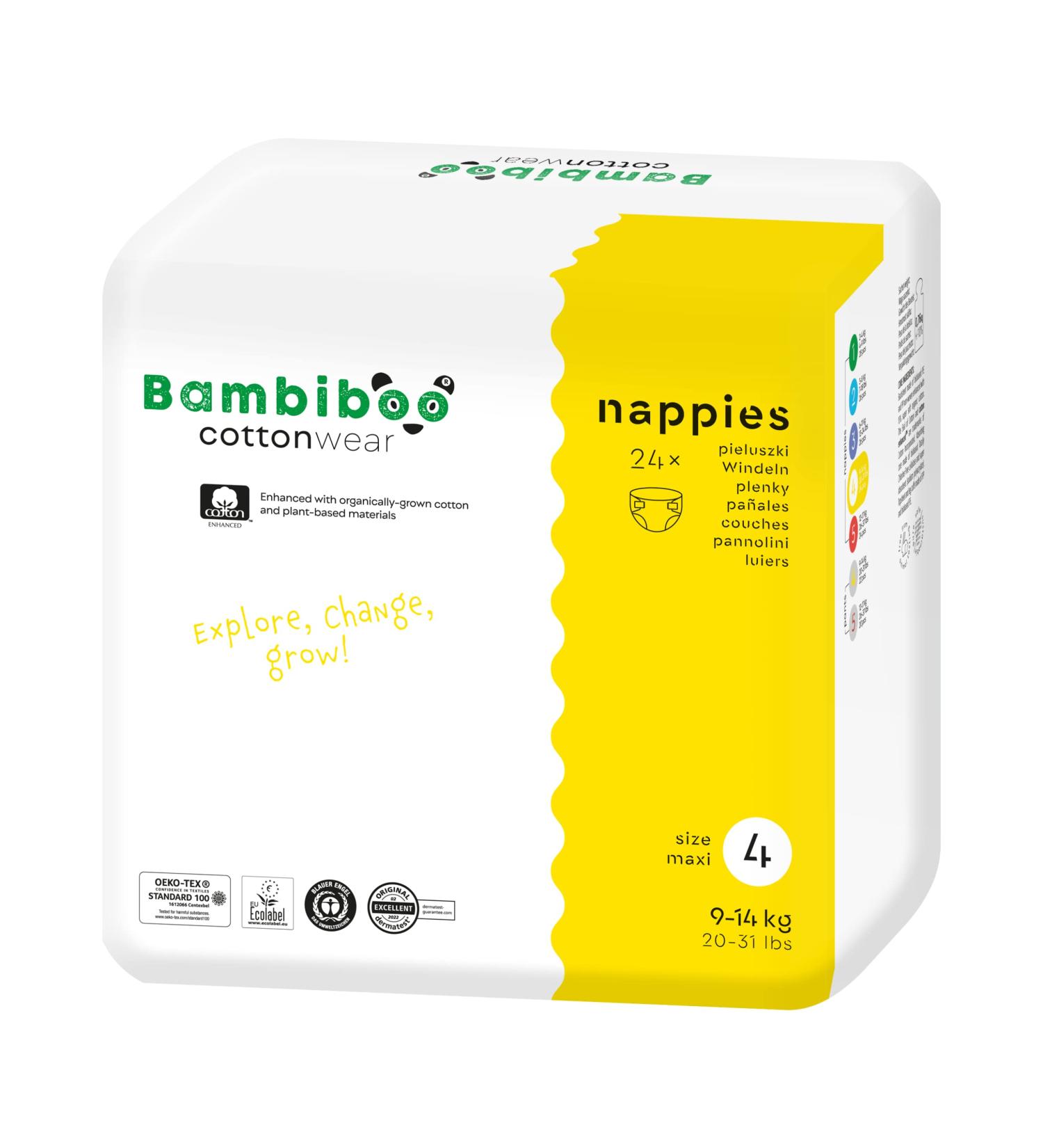 Bambibo Baby Diapers Size 4 (9-14 kg) - Organic Cotton & Vegetable Materials - 24 Pack with Moisture Indicator - Buy Online on SooperMarket.com