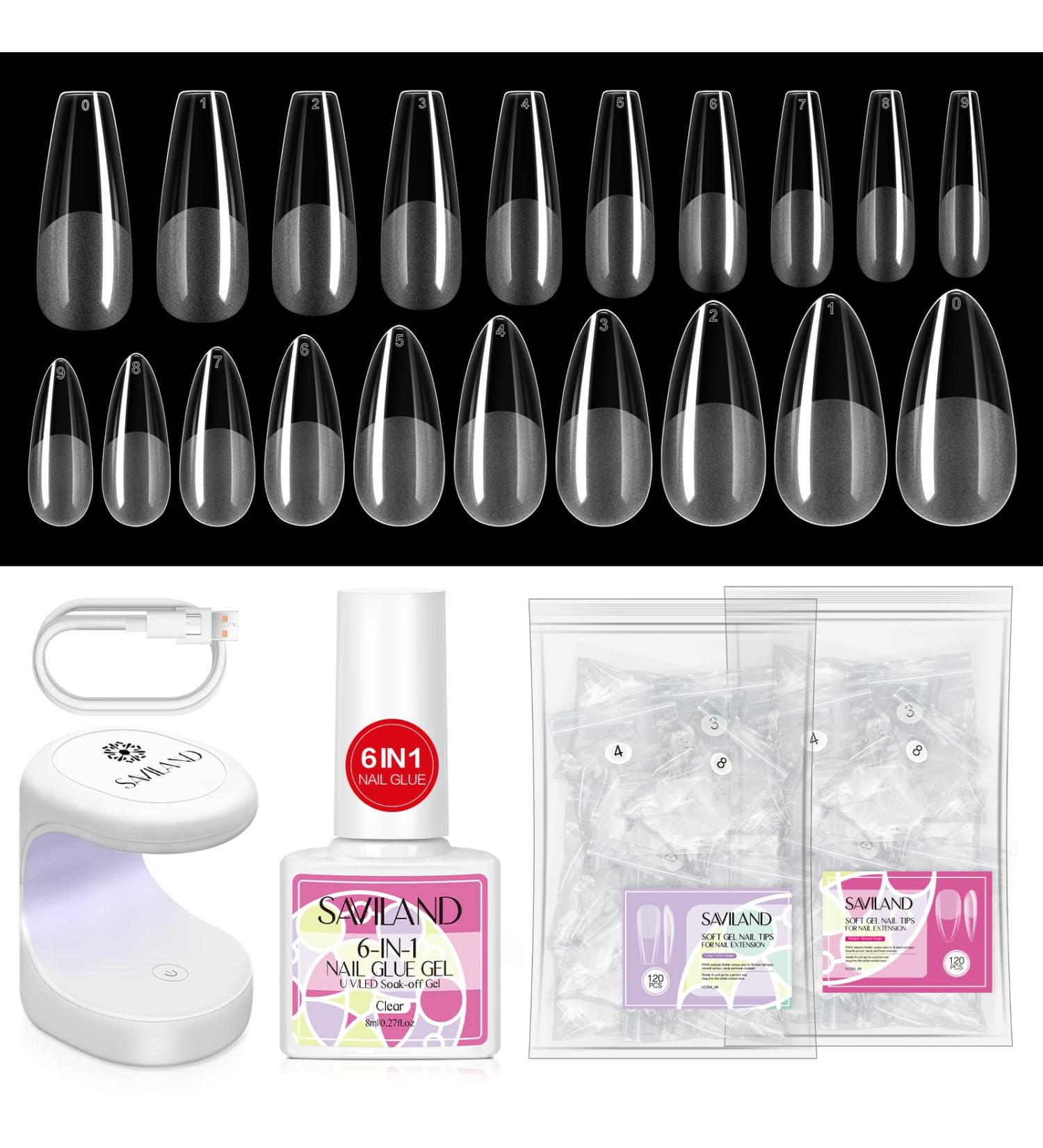Saviland Gel x Nail Kit - 6 in 1 Gel x Nail Glue with 240PCS Acrylic Nails Tip, UV Mini Nail Lamp, Extensions Manicure Starter Gift - Long Coffin & Medium Almond - Buy Online on SooperMarket.com