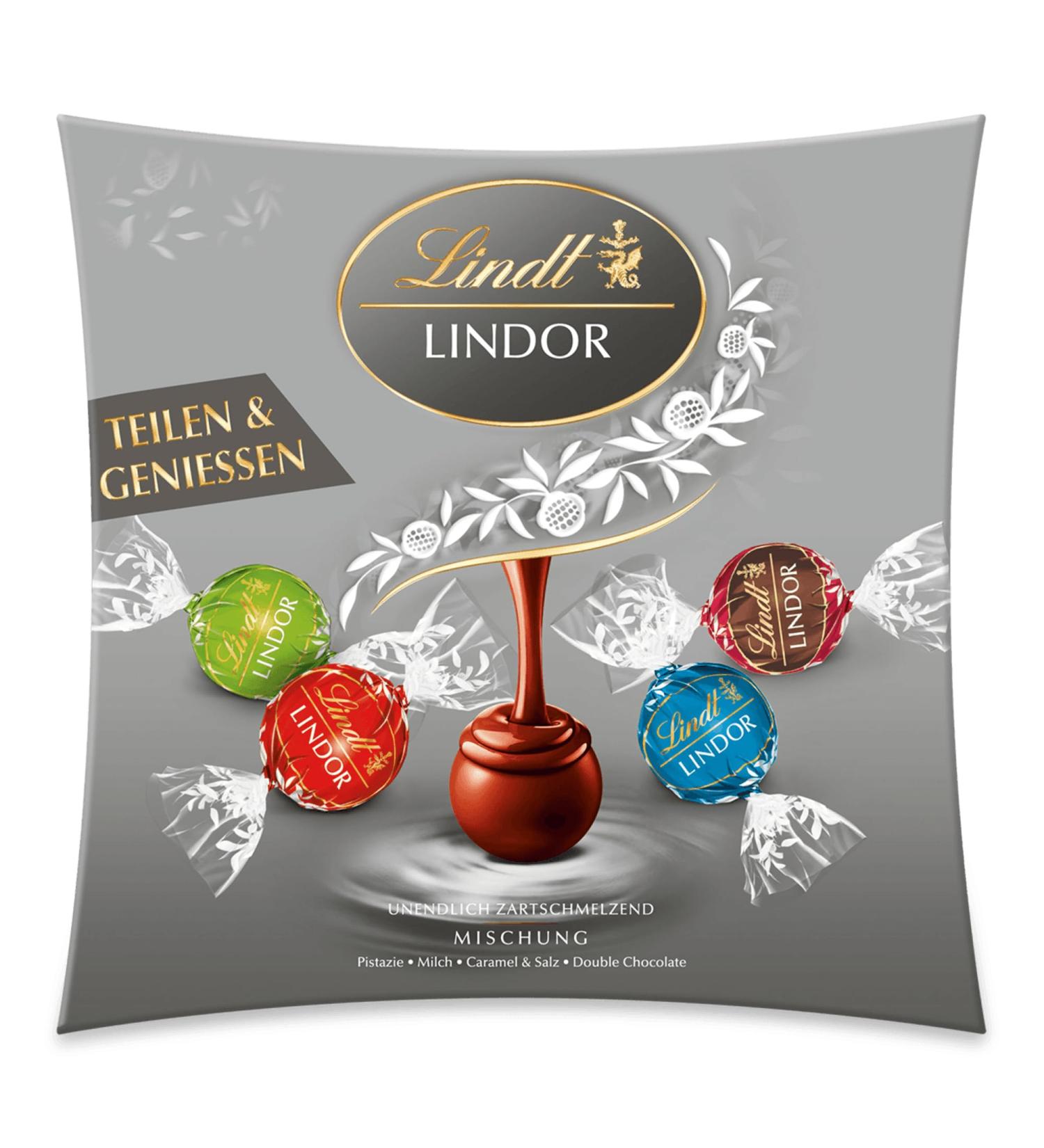 Lindt Chocolate Lindor Sharing Silver 250g | 20 Delicious Truffles in Milk Caramel & Salt Pistachio Double Chocolate | Perfect Chocolate Gift & Sharing Pralines Mix - Buy Online on SooperMarket.com