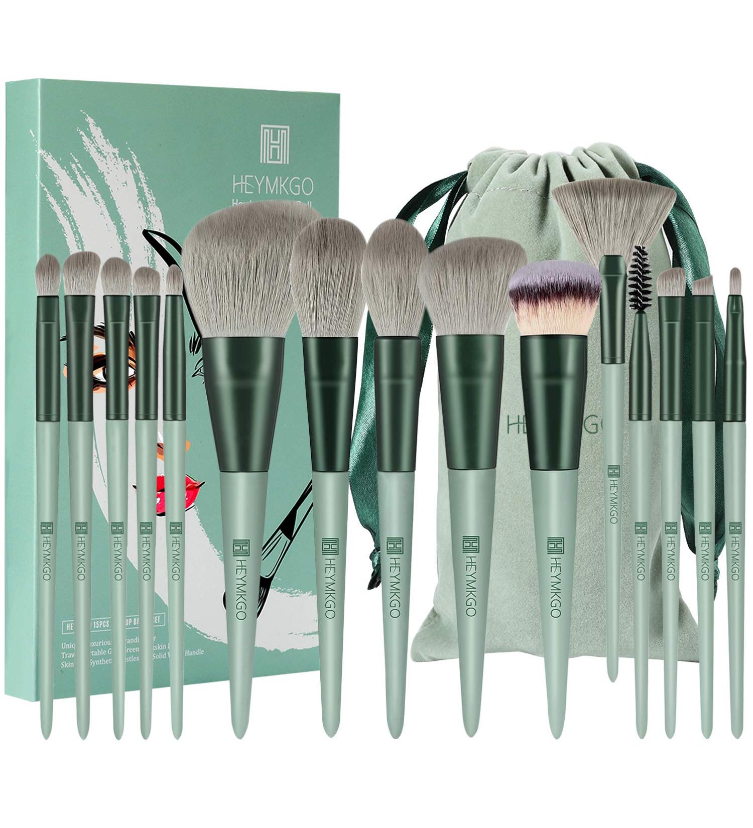HEYMKGO 15Pcs Makeup Brush Set - Premium Synthetic Bristles for Liquid & Powder Makeup Application - Green - Buy Online on SooperMarket.com