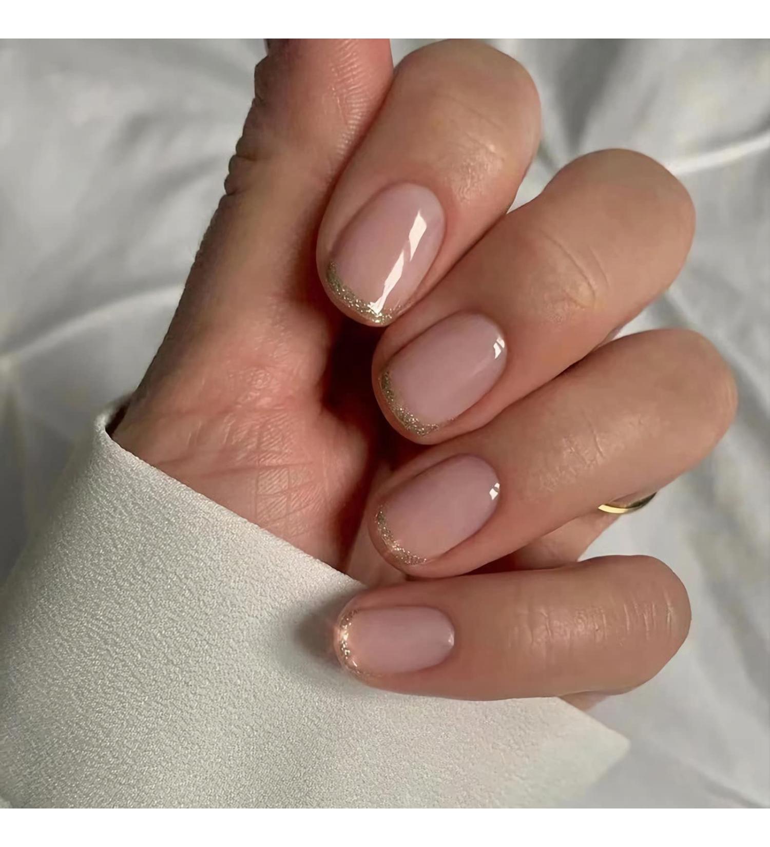 French Gold Glitter Short Square Press on Nails - 24Pcs Acrylic Full Cover Glossy Nude Tips for Women and Girls - Buy Online on SooperMarket.com