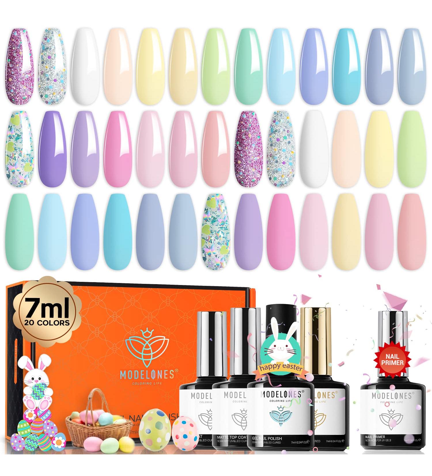 Modelones Gel Nail Polish Kit 24Pcs - Pastel Spring 20 Colors 7ML Glitters | Macarons Girly Collection - Gel Polish Set with Top/Base Coat | Manicure Kit for Women and Girls - Buy Online on SooperMarket.com